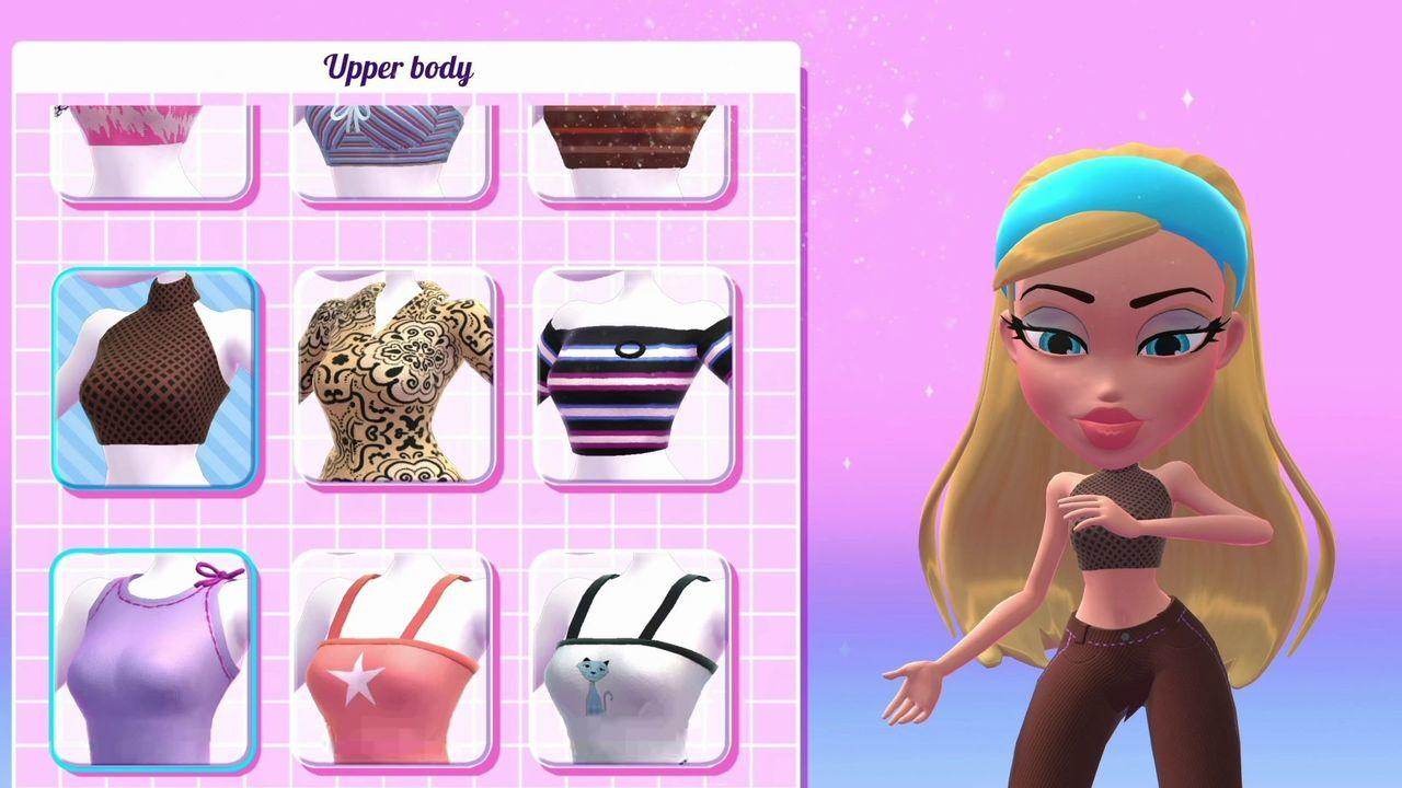 Eine Cartoon-Bratz-Puppe steht neben Oberkörper-Kleidungsoptionen. Ein pinkfarbener Gitterhintergrund enthält Oberteile und ein Mädchen mit blauem Stirnband.