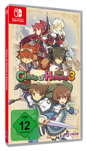 Spielverpackung für Class of Heroes 3 Remaster. Sie zeigt Charaktere im Anime-Stil und eine USK 12-Einstufung. Das Nintendo Switch-Logo ist sichtbar.