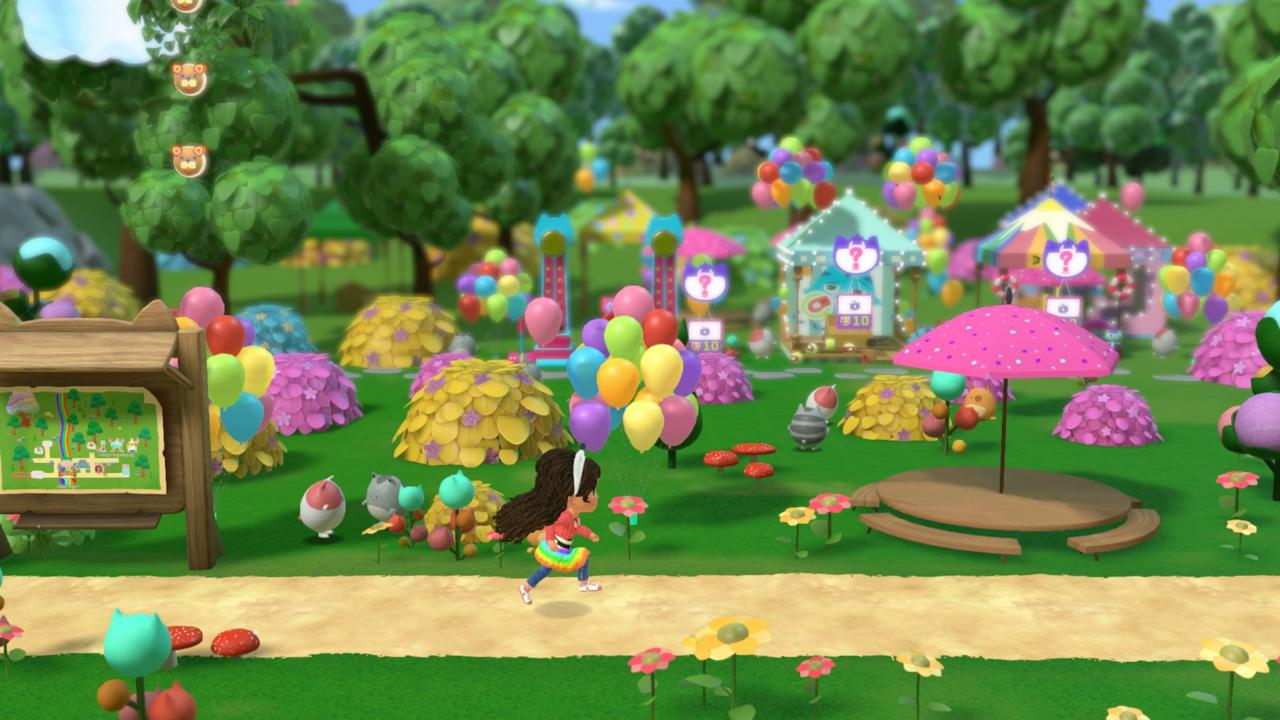 Ein Mädchen rennt in einem farbenfrohen Park mit Ballons, Bäumen und Strukturen. Ein rosa Schirm und verschiedene Dekorationen sind ebenfalls zu sehen.