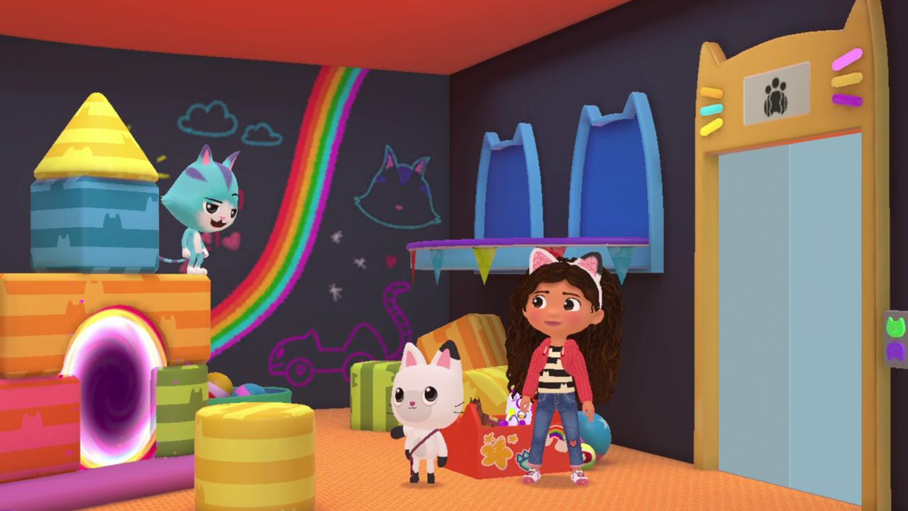 Eine Cartoon-Szene mit Gabby, Pandy Paws und einer Katzenfigur. Ein Regenbogen, Katzenzeichnungen und ein Portal sind ebenfalls sichtbar.