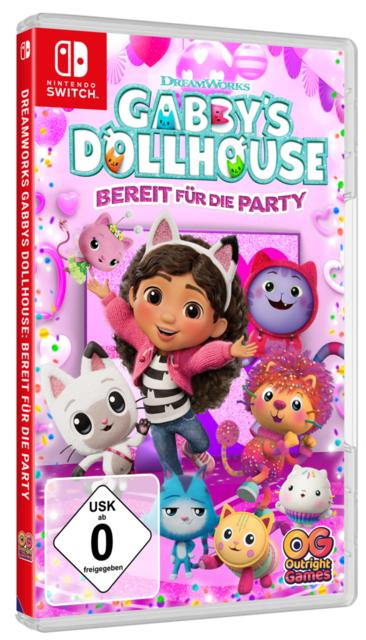 Eine Nintendo Switch-Spielhülle für Gabbys Puppenhaus. Gabby und Zeichentrickkatzen sind zu sehen. Rosa Hintergrund mit Konfetti und Herzen.
