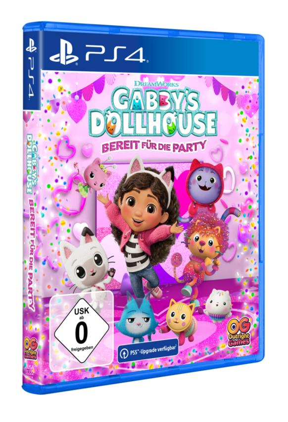 Gabby's Dollhouse PS4-Spielcover. Gabby und Katzenfiguren stehen im Mittelpunkt, mit dem Titel 'Bereit für die Party'.