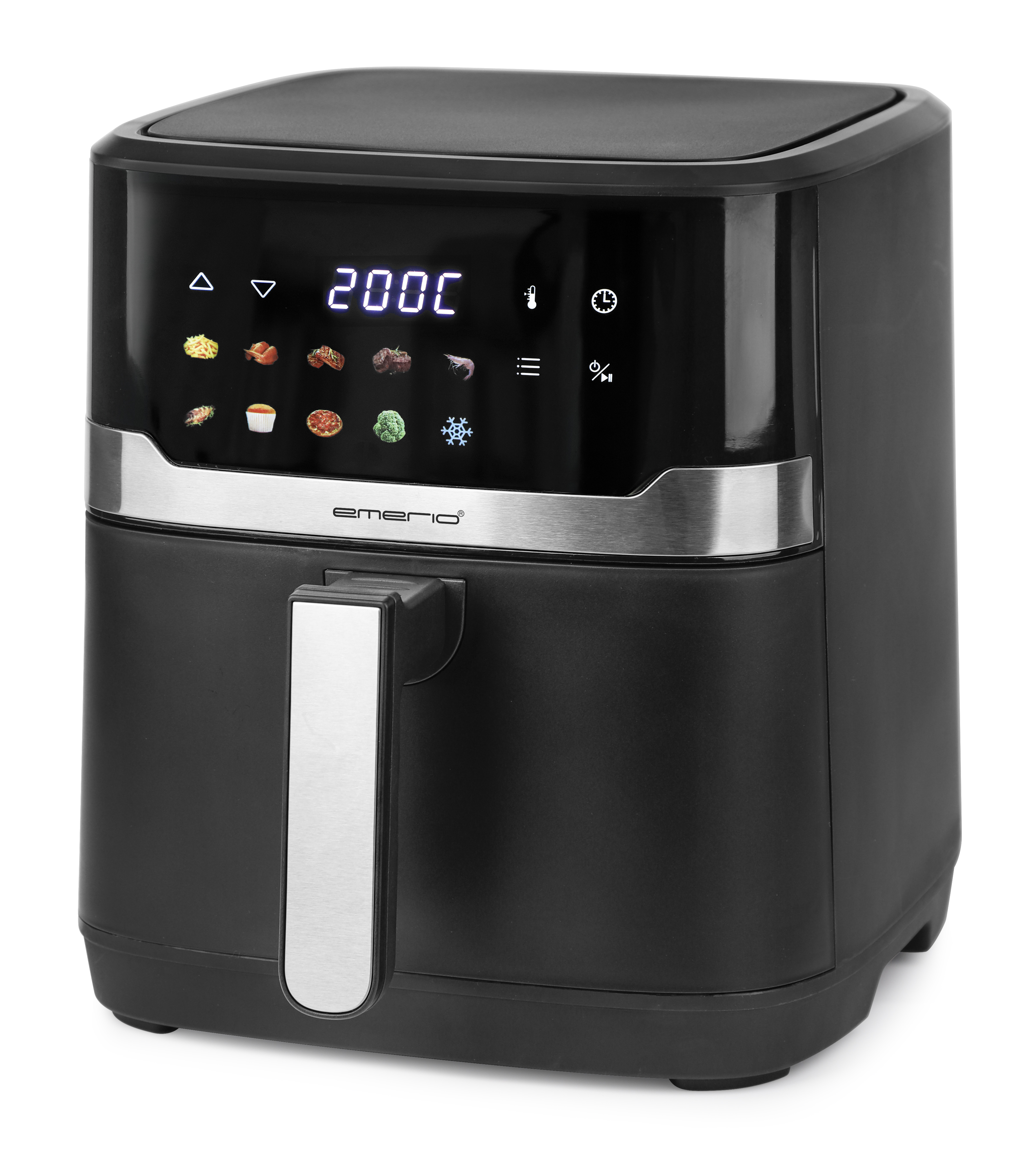 Schwarze Heißluftfritteuse mit Digitalanzeige von 200 °C. Hat einen silbernen Griff und Bedienfeld mit Essenssymbolen.