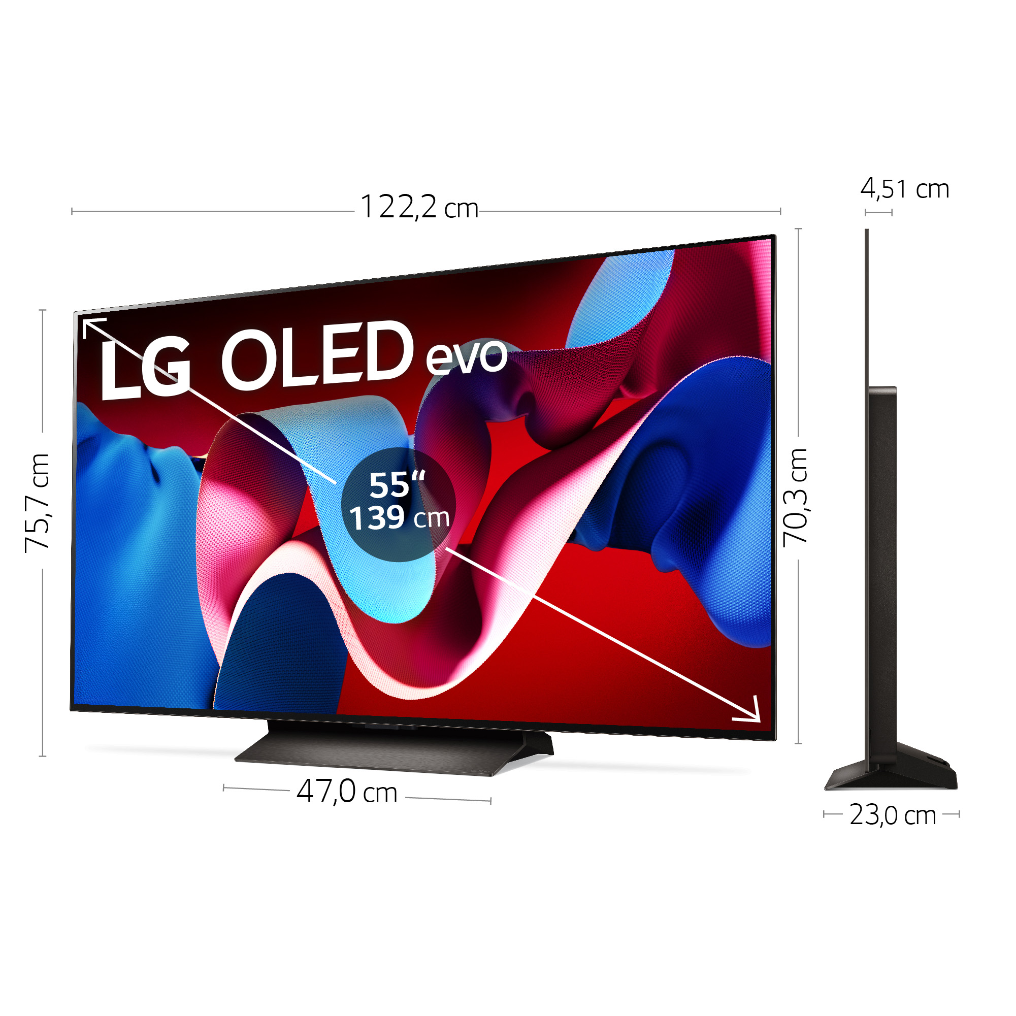 Se muestra un televisor LG OLED evo de 55" con medidas. Se proporcionan las dimensiones. La pantalla presenta un fondo abstracto colorido.