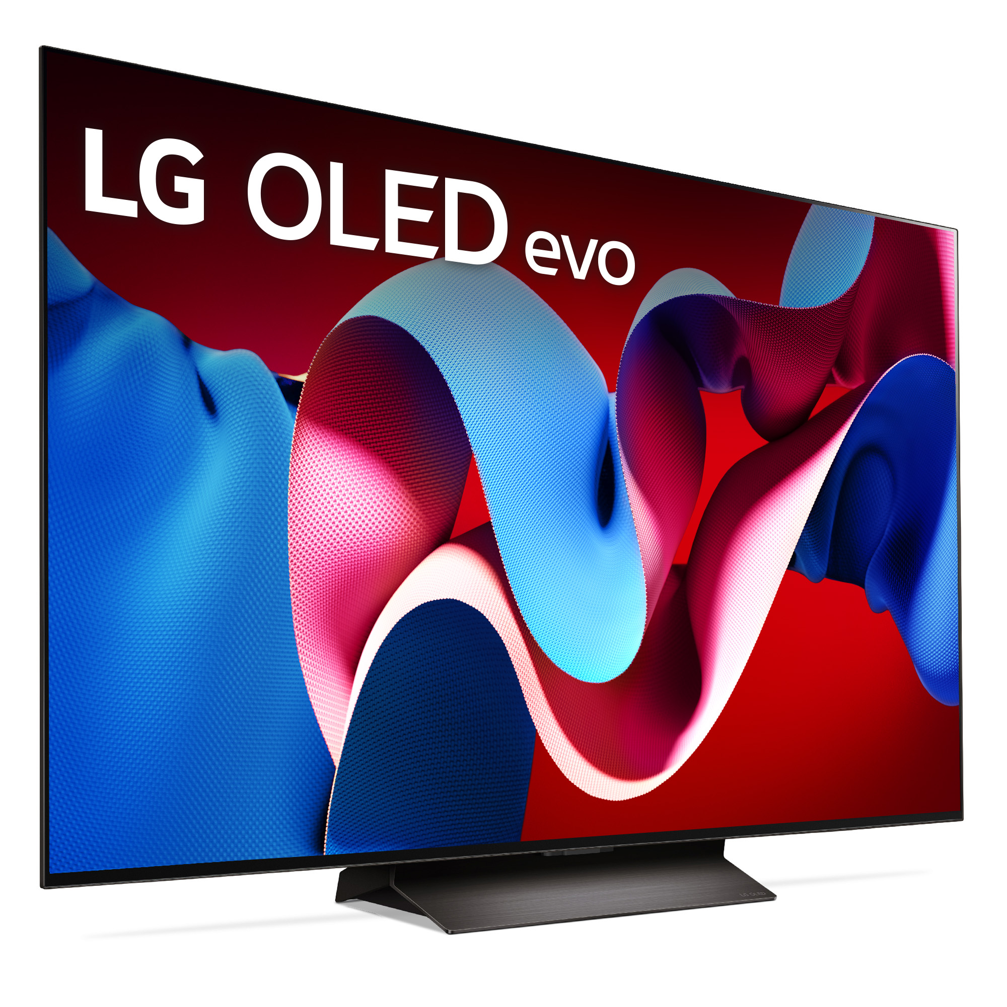 TV LG OLED evo. La pantalla muestra formas abstractas rojas, azules y rosas. El televisor está sobre una base oscura.