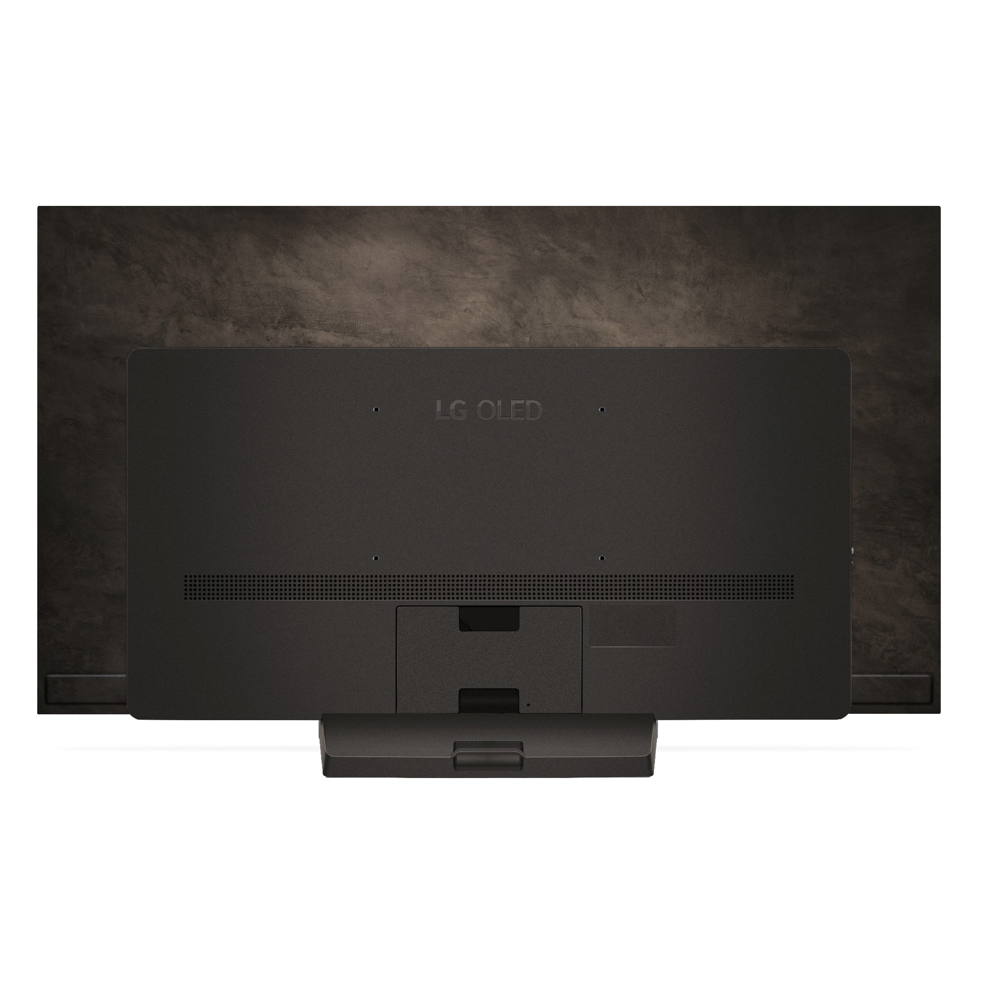 Parte trasera de un televisor LG OLED. Marco y soporte negros. El fondo es marrón texturizado.