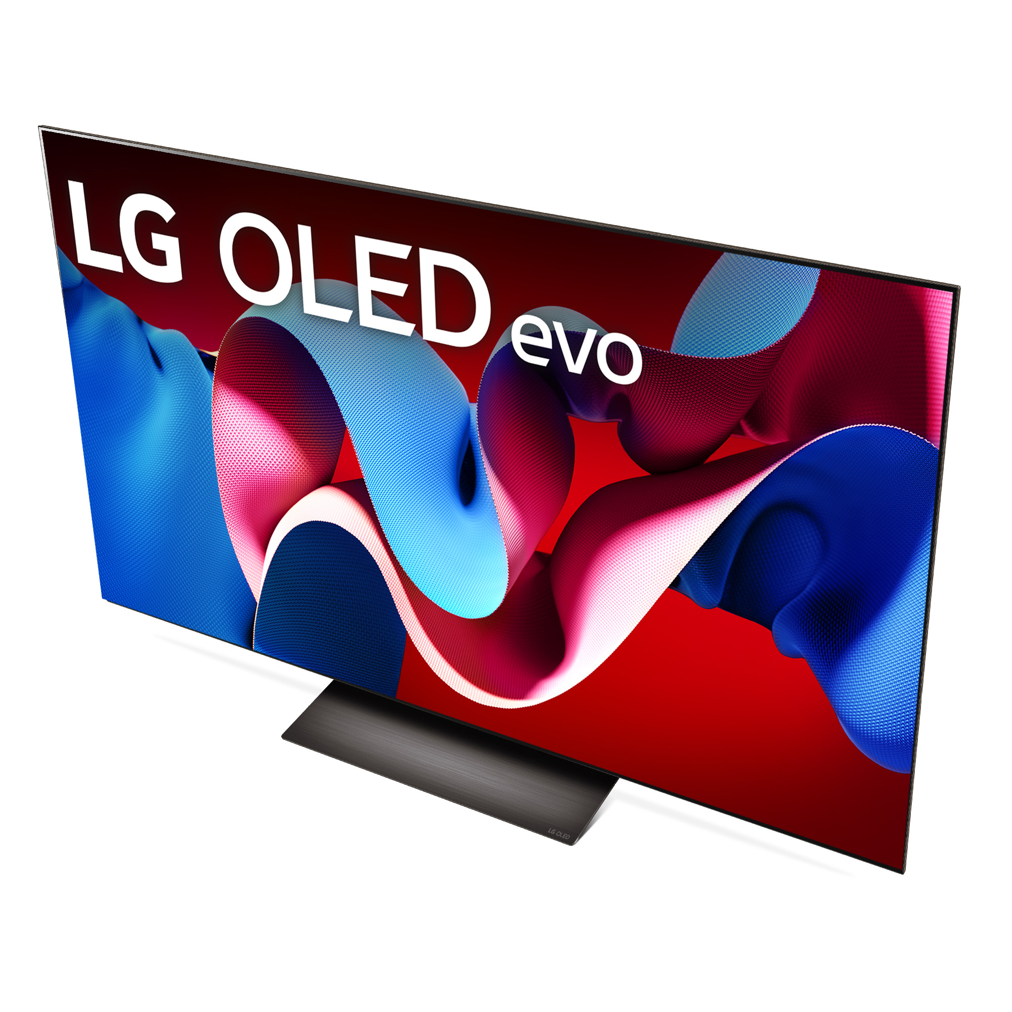 Un televisor LG OLED evo. La pantalla muestra un diseño abstracto rojo y azul. El televisor está sobre un soporte negro.