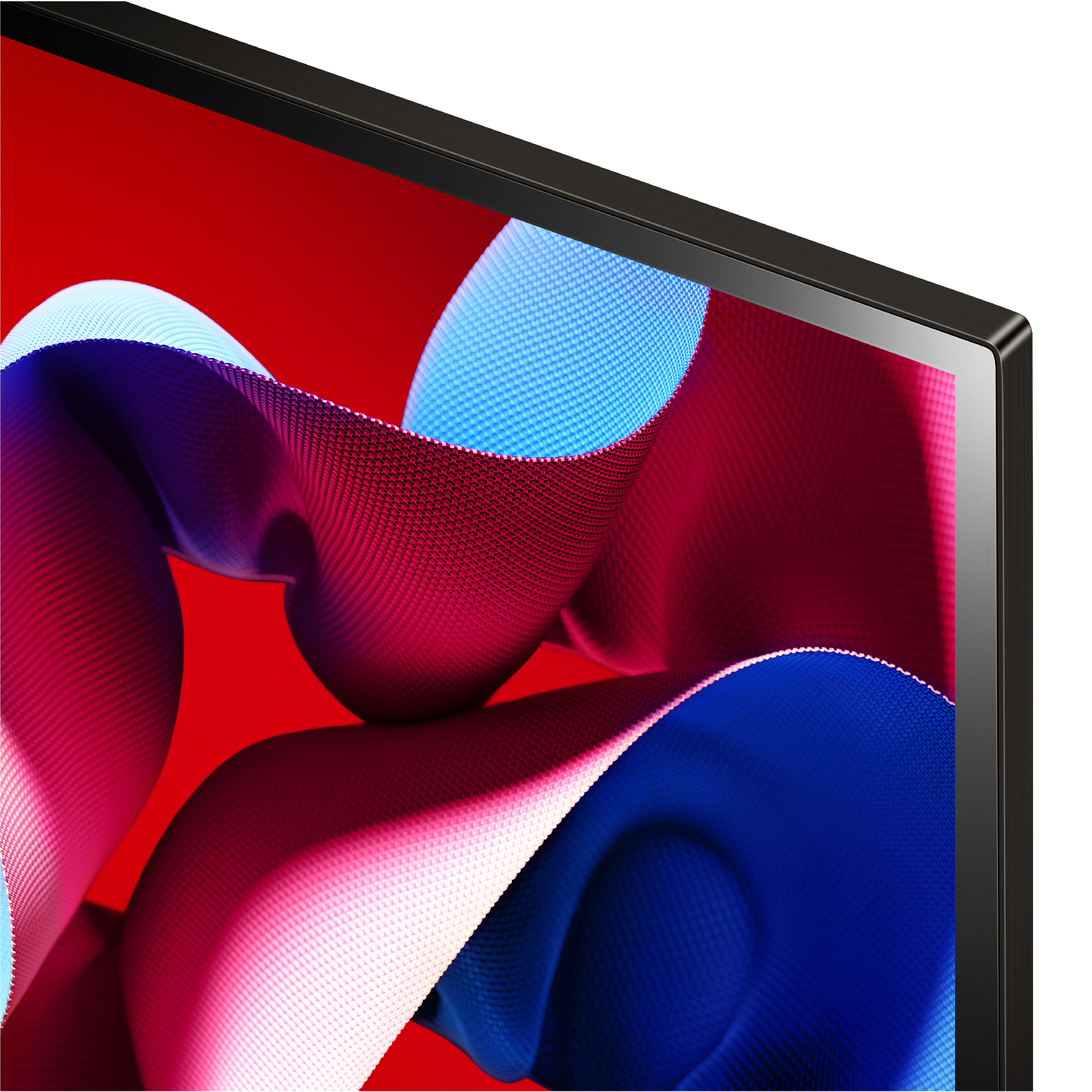 Una pantalla muestra formas abstractas en rojo, azul y blanco. La pantalla está enmarcada en negro.