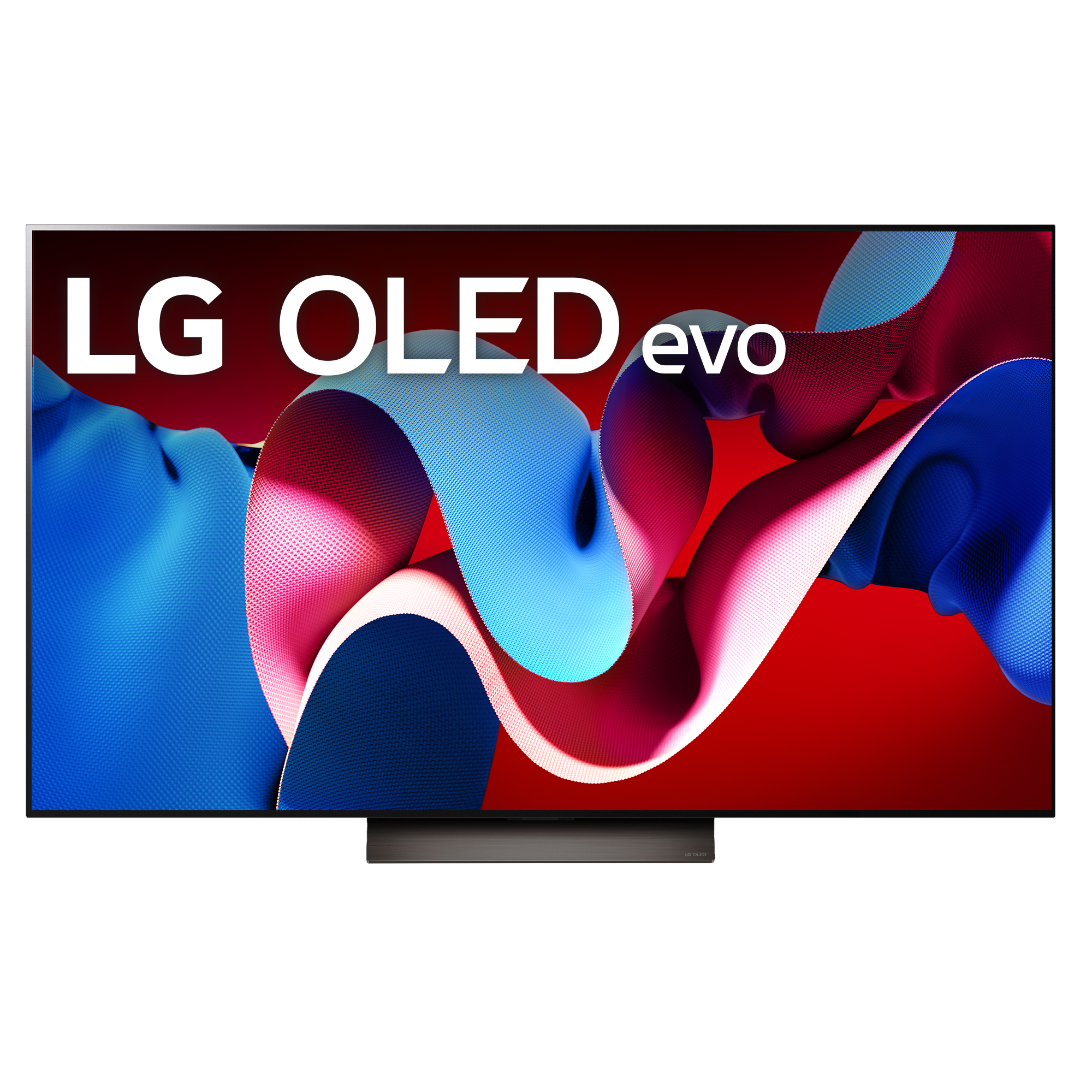 Televisor LG OLED evo. Texto blanco en pantalla. Arte abstracto rojo, azul y blanco. Base oscura con la marca LG OLED.