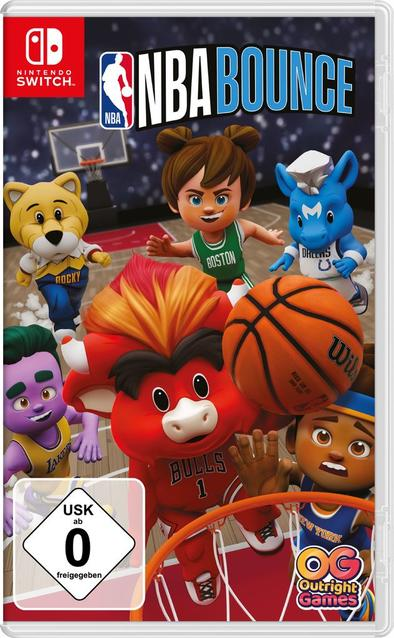 NBA Bounce-Spielcover. Cartoon-Charaktere, darunter ein Bär, ein Bulle und andere, spielen Basketball mit einem Basketball.