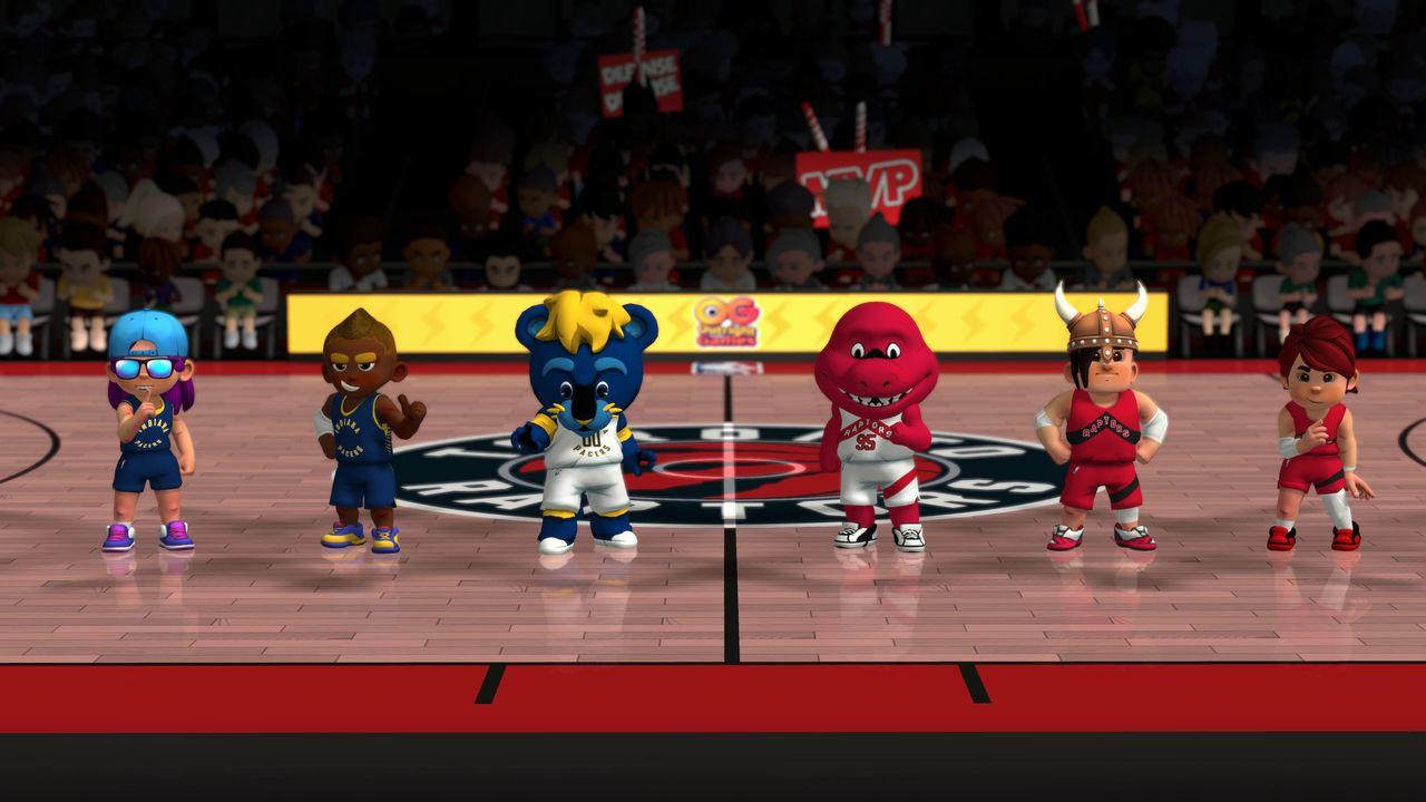 Cartoon-Basketballfiguren stehen auf einem Spielfeld. Sie tragen Teamuniformen. Im Hintergrund sind Zuschauer und die Worte 'DEFENSE' und 'MVP' zu sehen.