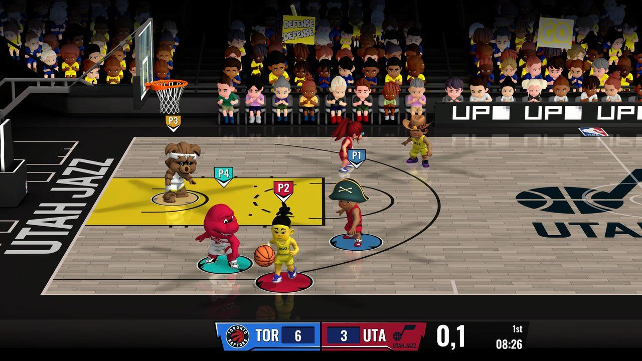 Basketballspiel mit Cartoon-Charakteren. Spieler in Kostümen. Anzeigetafel zeigt TOR 6 - UTA 3. Menge im Hintergrund.