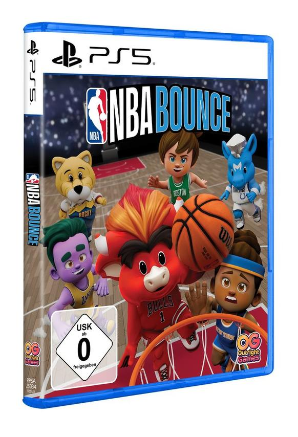 Videospiel-Cover mit Zeichentrickfiguren, Basketball und dem Titel NBA Bounce. Zeigt Maskottchen und Spieler auf einem Feld.
