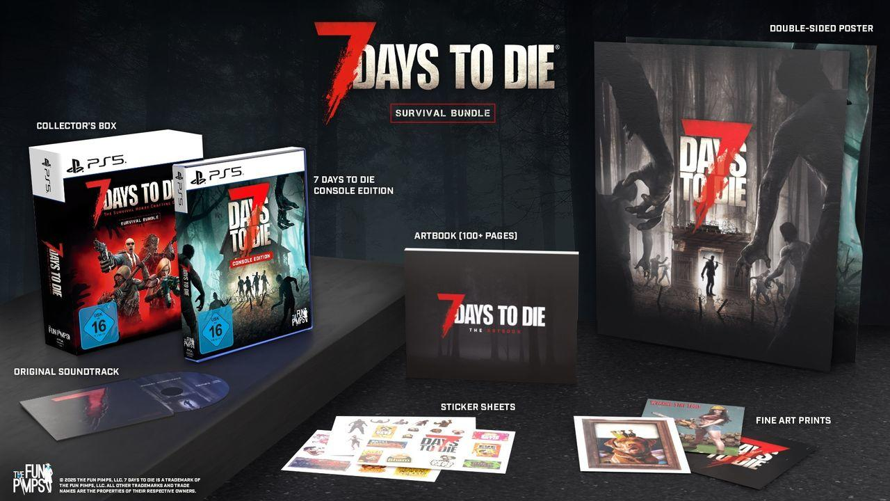 Ein Werbebild für das 7 Days to Die Survival Bundle. Es enthält eine Sammlerbox, ein Artbook, ein doppelseitiges Poster, einen Soundtrack, Aufkleber und Kunstdrucke.