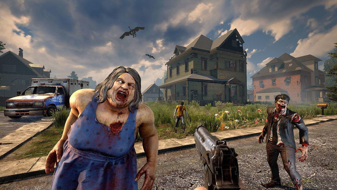 Eine Zombie-Apokalypse-Szene. Eine Zombie-Frau greift an, Waffe im Vordergrund. Häuser und Krankenwagen im Hintergrund, Vögel fliegen am Himmel.