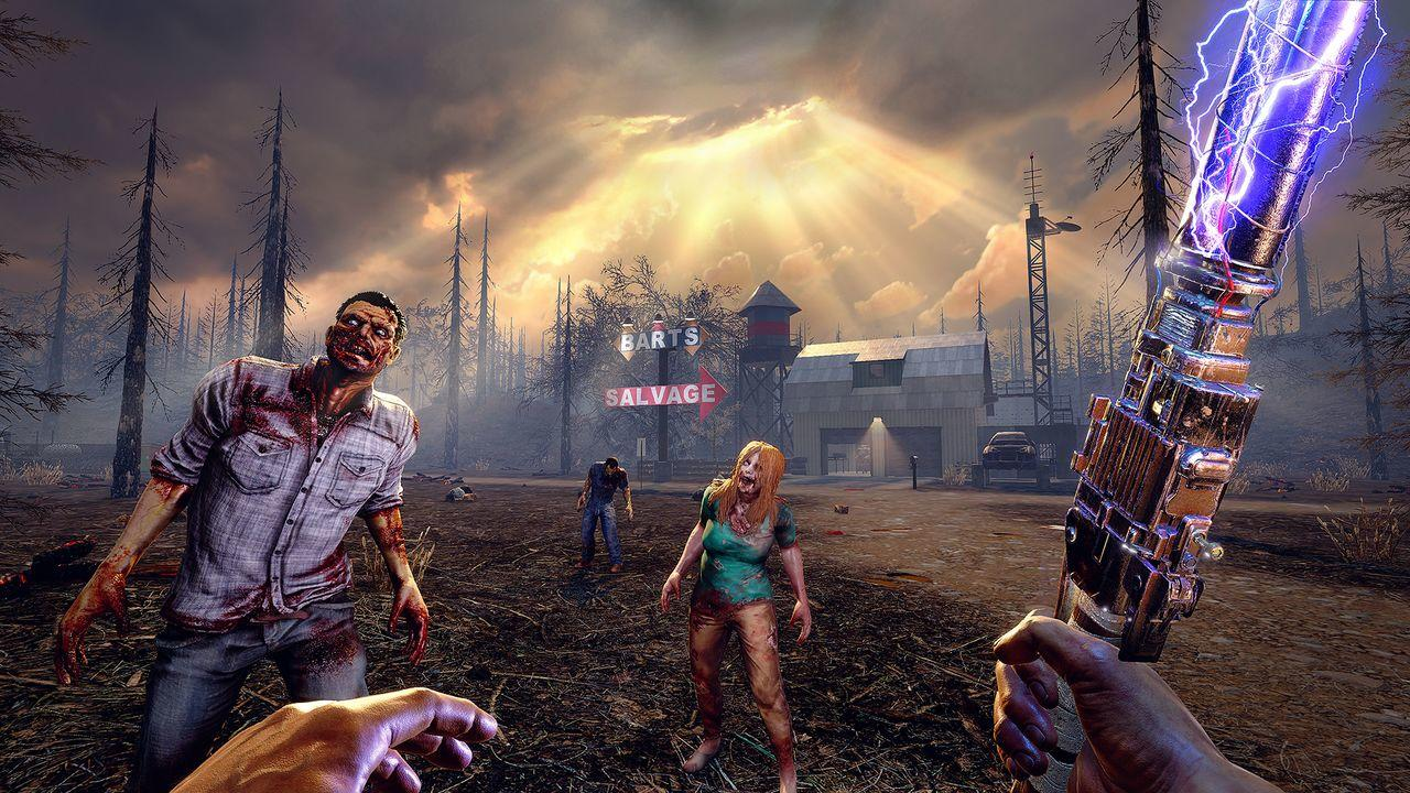Ego-Perspektive in einer von Zombies befallenen Umgebung. Eine Waffe mit Elektrizität wird auf die Zombies gerichtet. Zombies nähern sich.