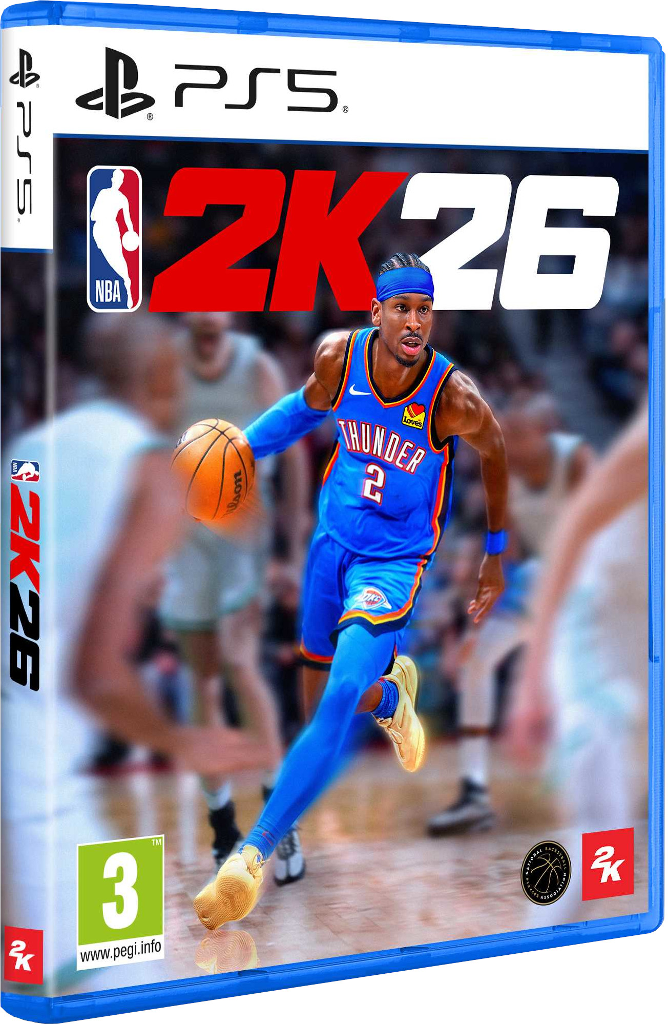 Basketball-Videospiel-Cover. Ein Spieler in blauem Trikot hält einen Ball, mit dem Spieltitel 2K26. PS5-Logo oben.