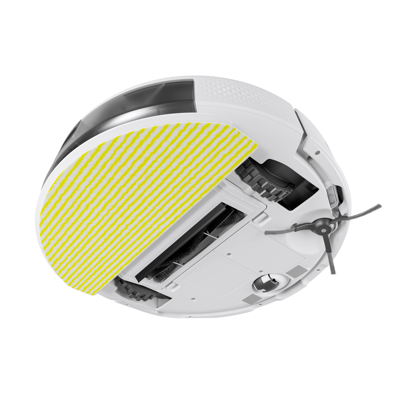 Egy fehér robotporszívó sárga-fehér tisztítópaddal. Kefékkel és sötétszürke érzékelővel rendelkezik.