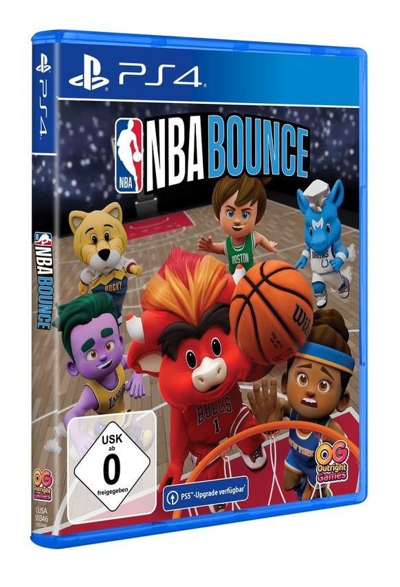 PS4 NBA Bounce Spielcover. Cartoon-Figuren halten einen Basketball. Der Spieletitel steht in großen Buchstaben.