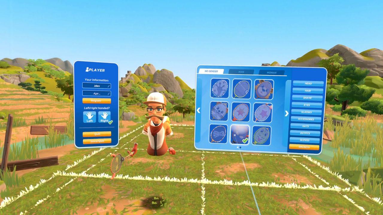 Virtuelle Tennisspieloberfläche mit Anpassungsoptionen. Eine Figur steht auf einem Tennisplatz mit UI-Panels.