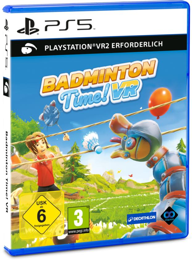 Spielbox für Badminton Time! VR auf PS5. Enthält Cartoon-Charaktere, Badminton-Elemente und eine lebendige Außenszene.
