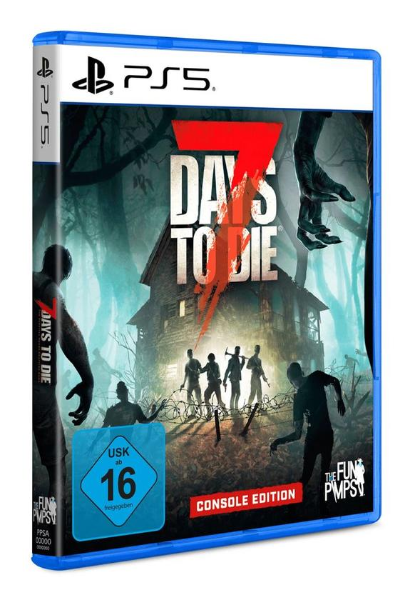 Das Spielcover zeigt ein Haus, Zombies und den Text '7 Days to Die'. Es ist eine PS5-Konsolen-Edition.