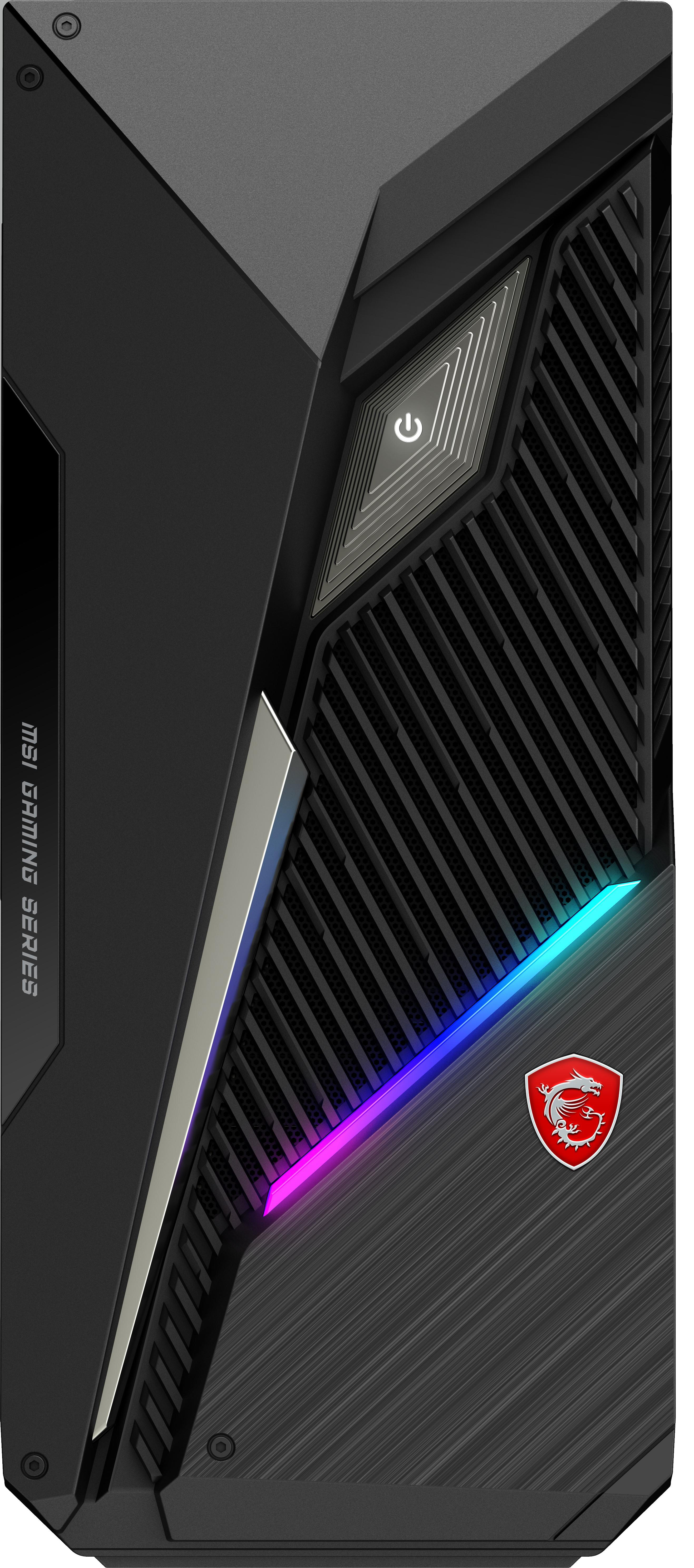Schwarzes MSI-Gaming-PC-Gehäuse. Es hat einen Power-Knopf, Lüftungsschlitze und einen leuchtenden RGB-Streifen. Das MSI-Logo ist sichtbar.
