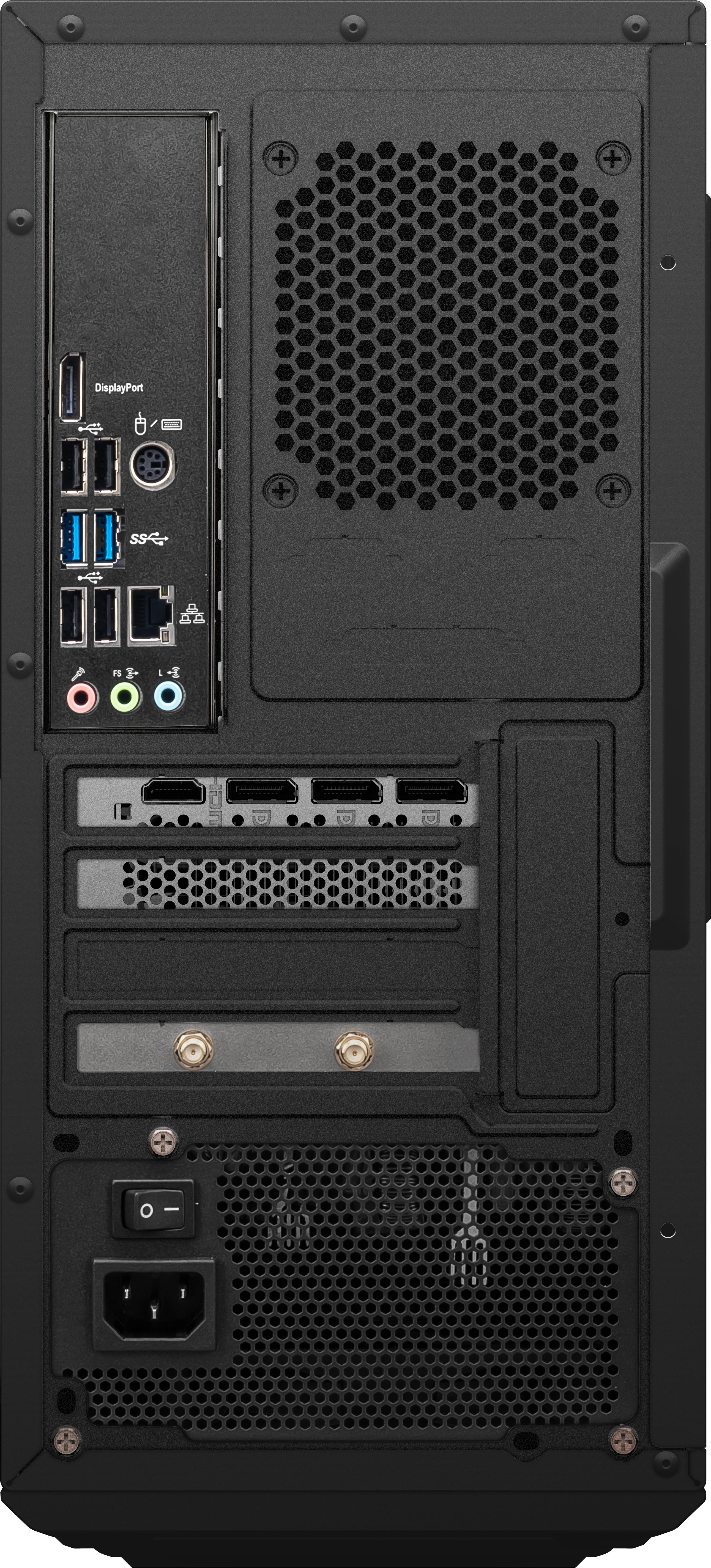Schwarze Computergehäuse-Rückseite mit verschiedenen Anschlüssen, Lüftungsschlitzen und einem Netzteil. Enthält Display-, USB-, Audio- und HDMI-Anschlüsse.
