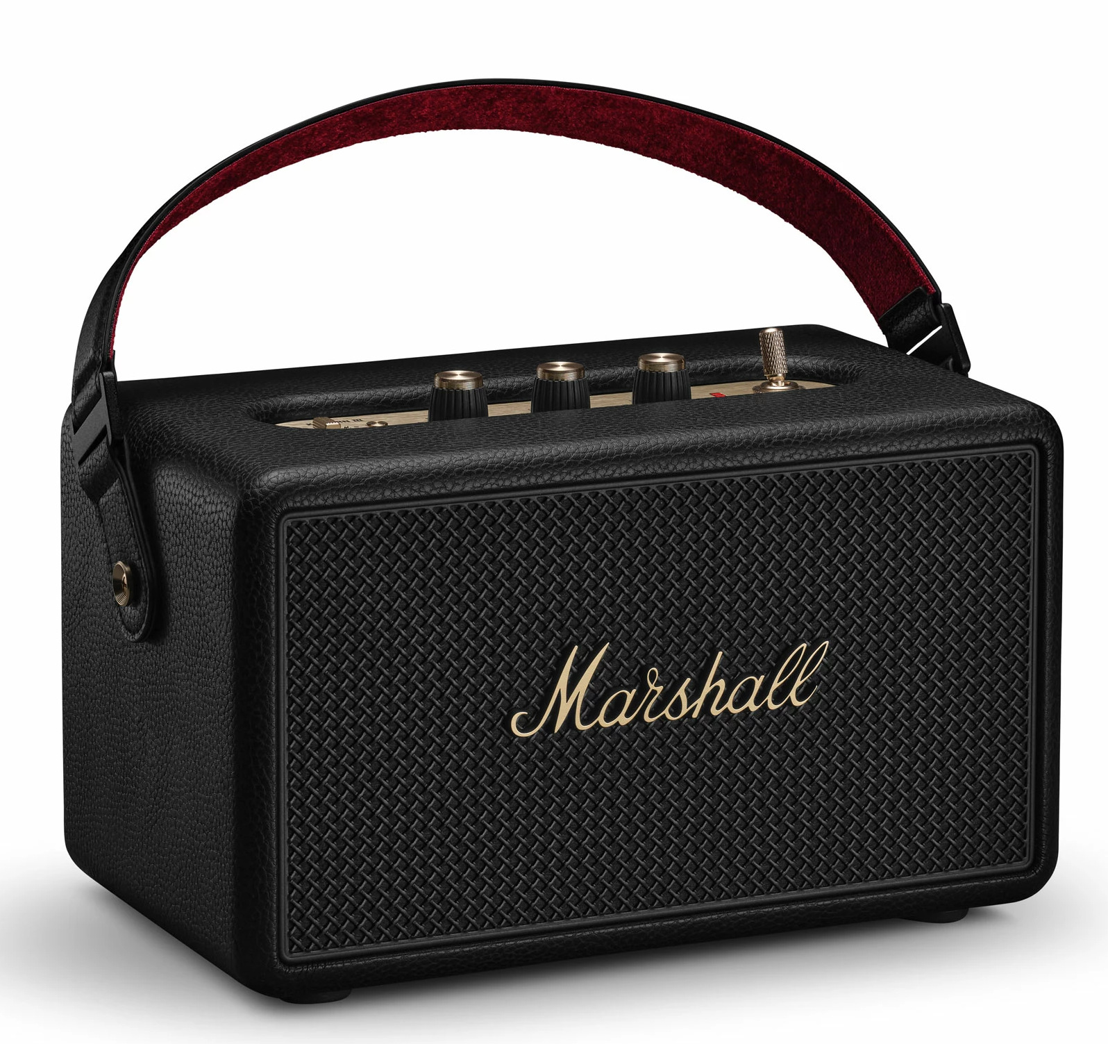 Czarny głośnik Marshall z czerwonym uchwytem. Złote pokrętła są widoczne na górze. Przód ma złote logo Marshall.