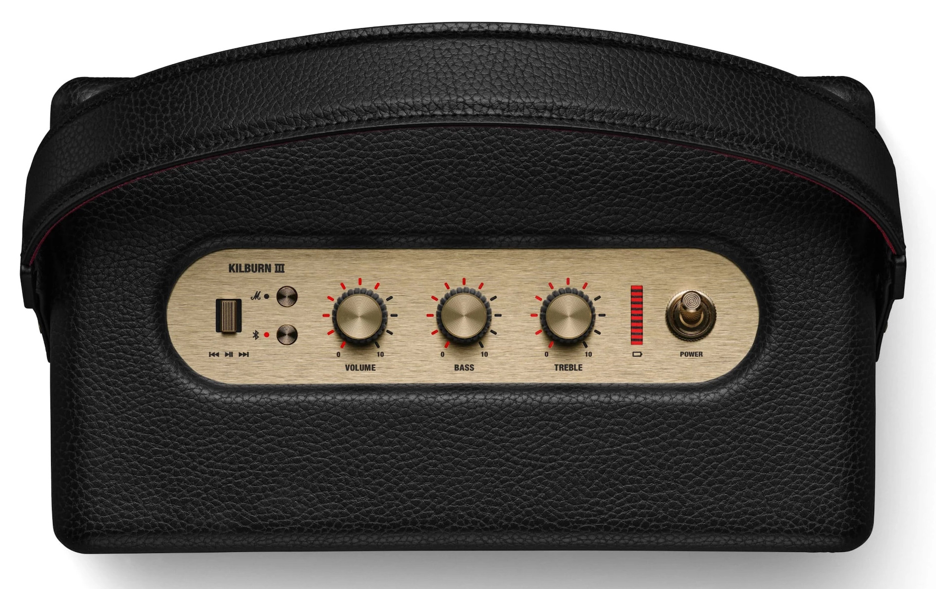 Czarny i złoty głośnik Marshall Kilburn III. Posiada pokrętła do regulacji głośności, basów i tonów wysokich. Widoczny jest również przycisk zasilania.