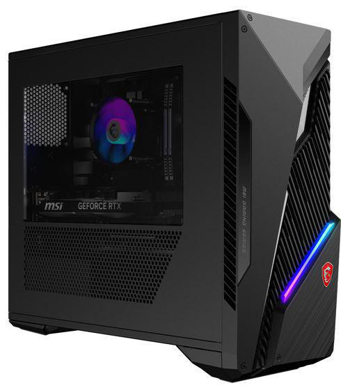 Ein schwarzes MSI-Gaming-PC-Gehäuse. Es hat eine Glas-Seitenwand, ein Frontgitter und RGB-Beleuchtungsakzente.