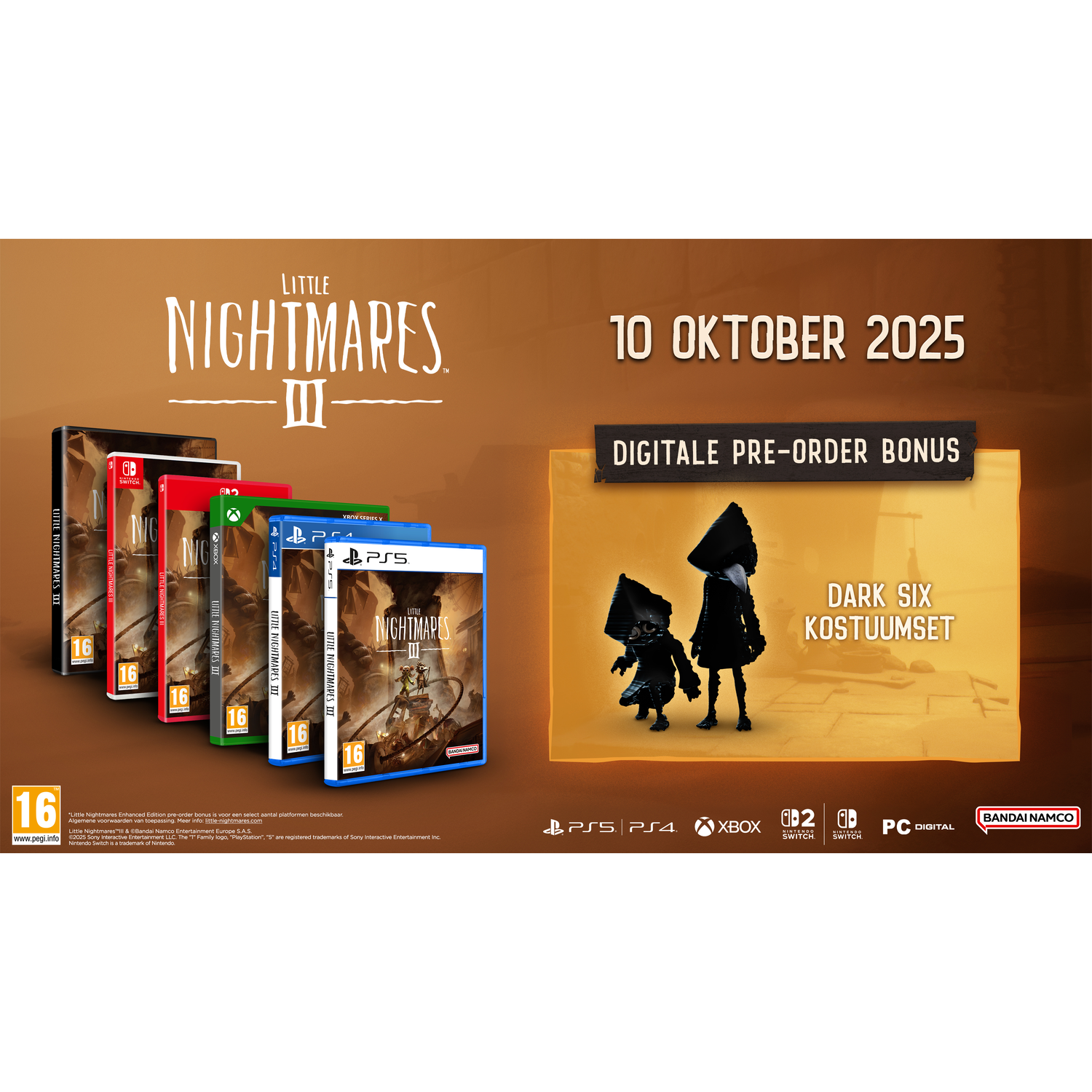 Gamebox art voor Little Nightmares III, met karakters, platforms en pre-order bonus details. Datum: 10 oktober 2025.