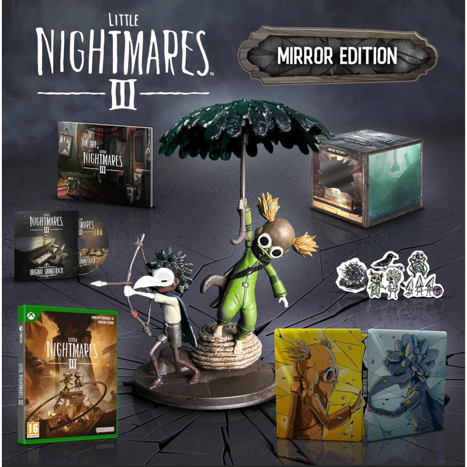 Een promotieafbeelding voor 'Little Nightmares III', met gamebox, soundtrack, artbook, beeld en stickers.