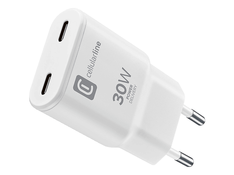 CELLULARLINE ACHUSBC2GANSL30WW USB-C Duo GaN Reiselader Universal 30 W, Weiss