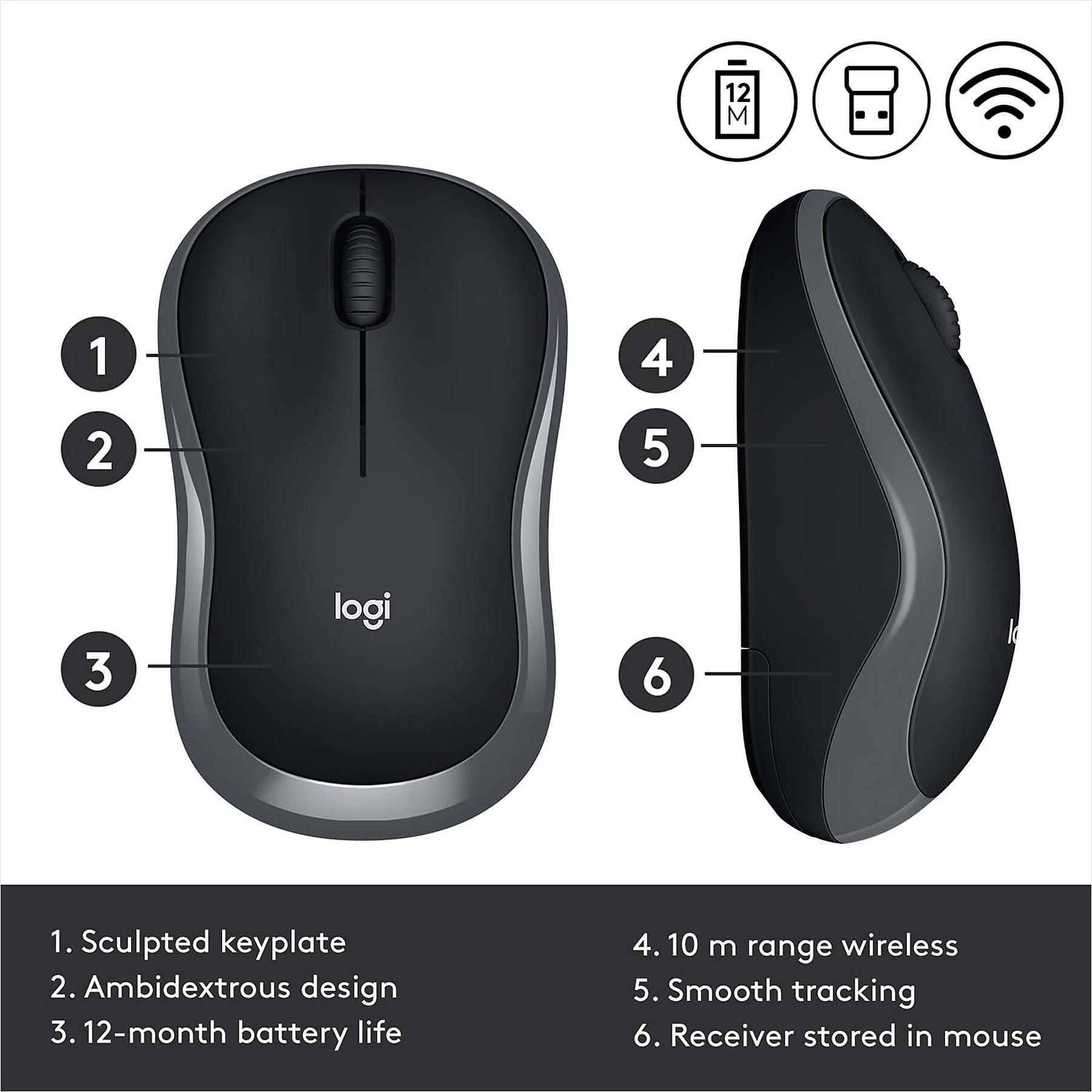 Un mouse wireless Logitech nero. Le caratteristiche includono tasti scolpiti, design ambidestro e 12 mesi di durata della batteria.