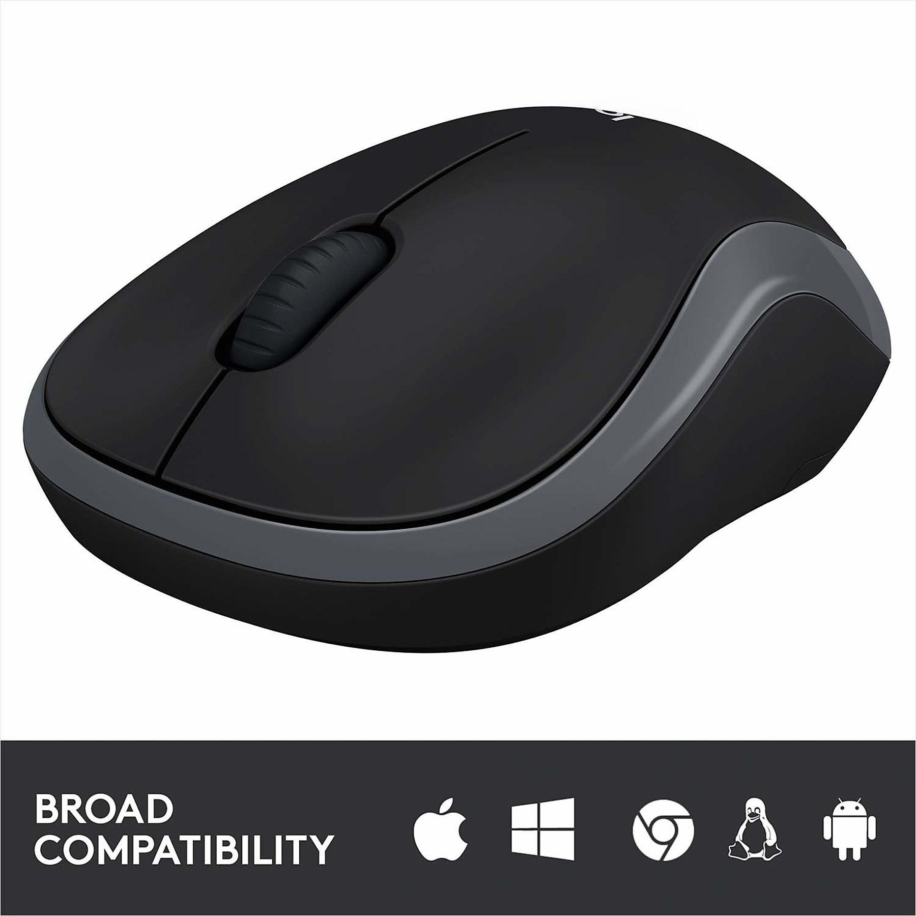Un mouse wireless nero con bordi grigio scuro. Ha una rotella di scorrimento e le parole 'Broad Compatibility' in basso.
