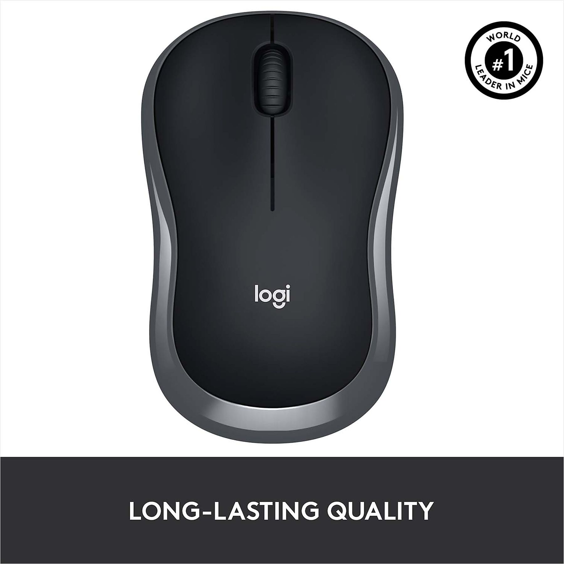 Mouse Logitech nero con rotella e logo. Testo: 'WORLD #1 LEADER IN MICE' e 'LONG-LASTING QUALITY'.