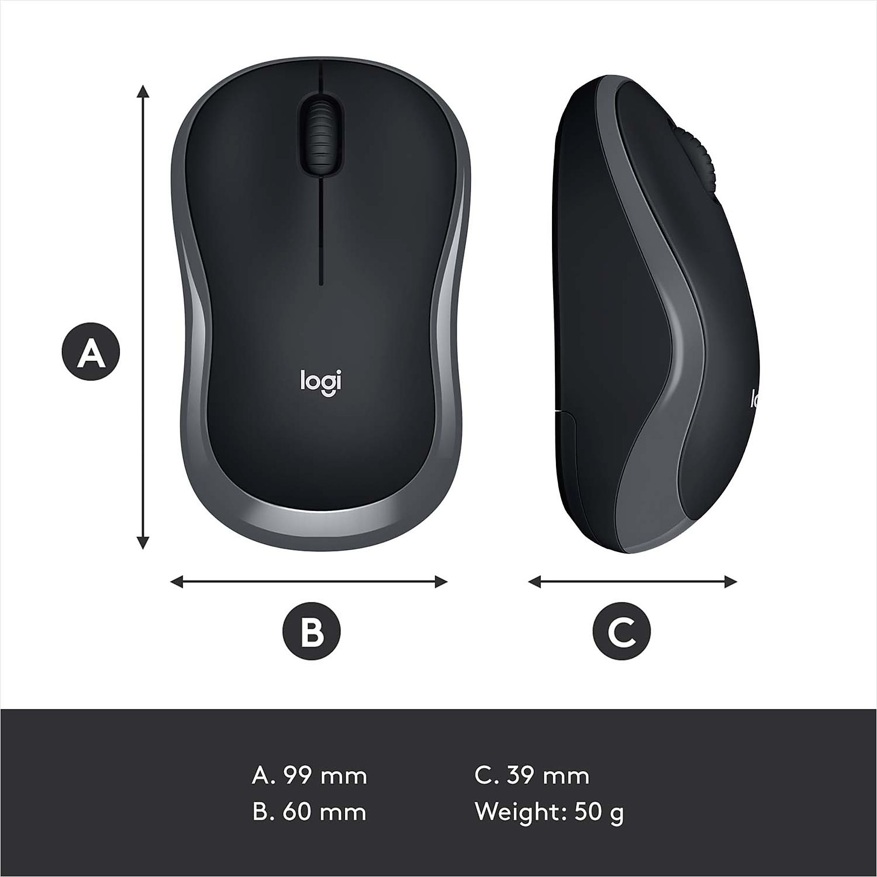 Un mouse Logitech nero con finiture grigie è mostrato dall'alto e lateralmente. Sono indicate dimensioni e peso.