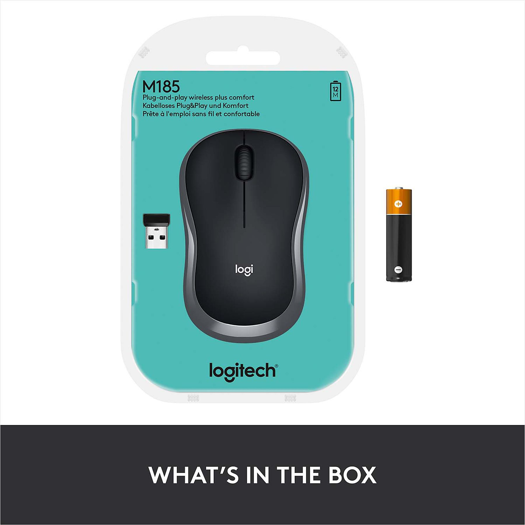 Un mouse wireless Logitech M185 nella sua confezione. Include mouse, ricevitore USB e batteria.