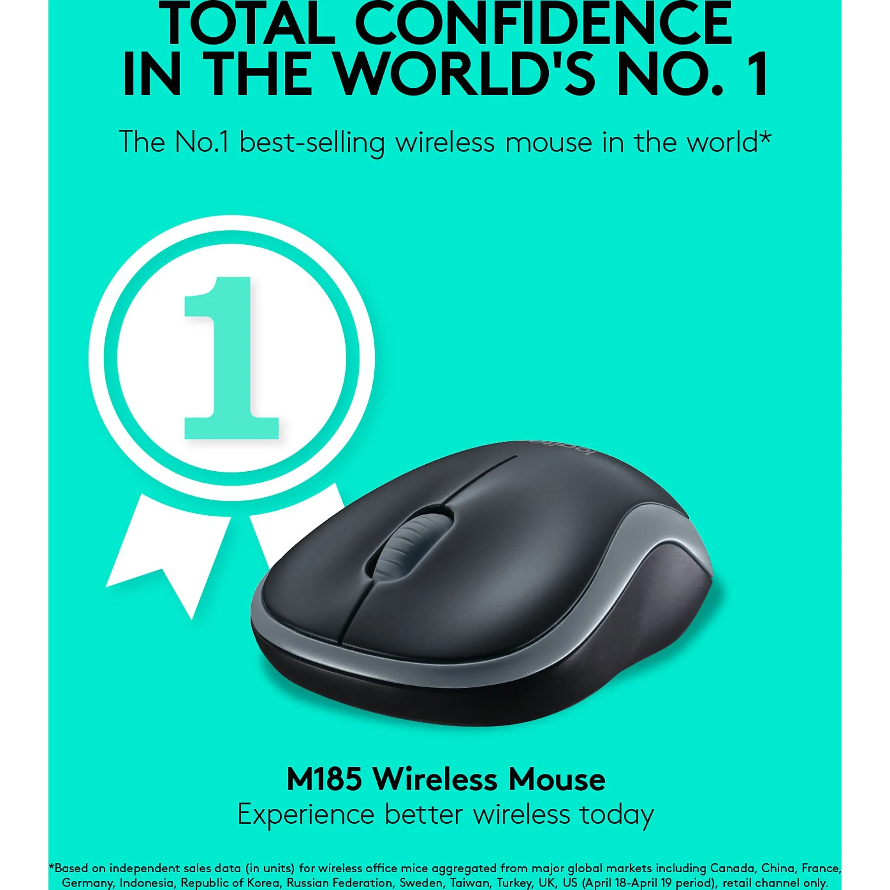 Un mouse wireless nero, l'M185, è mostrato con un distintivo numero uno e testo che lo promuove come il più venduto al mondo.
