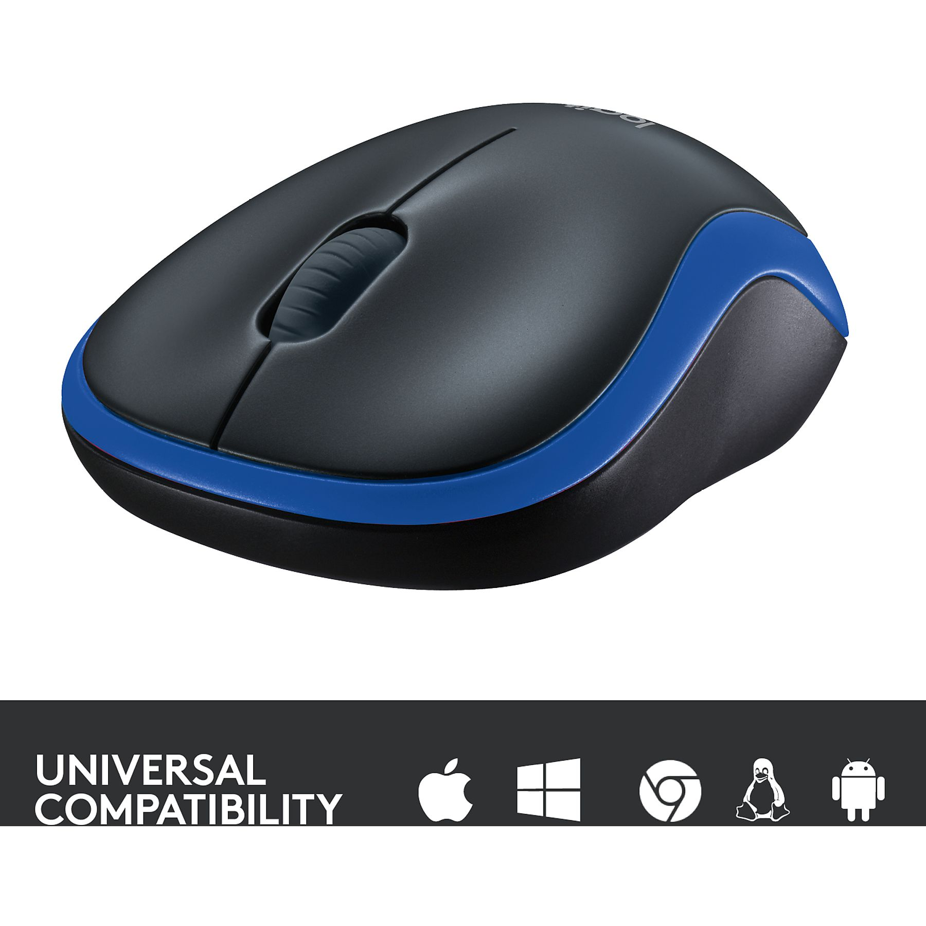 Un mouse per computer wireless nero e blu. Ha una rotella di scorrimento e si trova su uno sfondo bianco. Le icone di compatibilità sono in basso.
