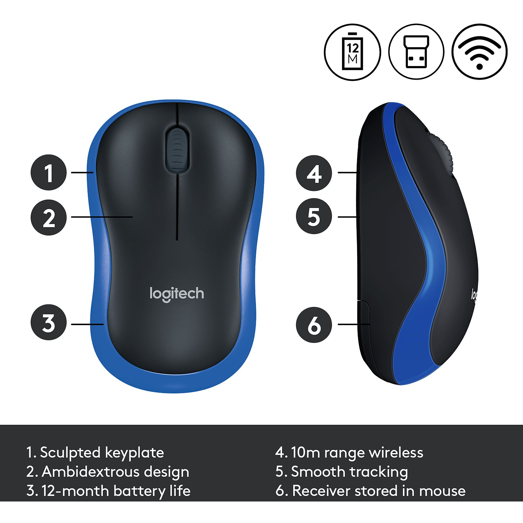 Un mouse wireless Logitech nero e blu con caratteristiche principali etichettate. Include durata della batteria, portata wireless e tracking fluido.