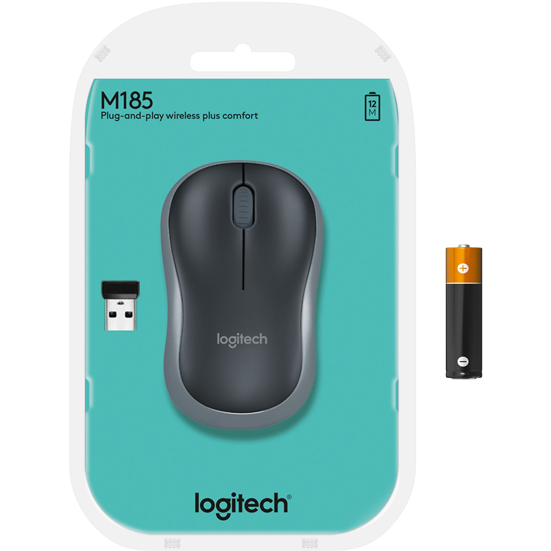 Mouse wireless Logitech M185 in confezione. Include ricevitore USB e batteria AA. La confezione è turchese con dettagli bianchi.