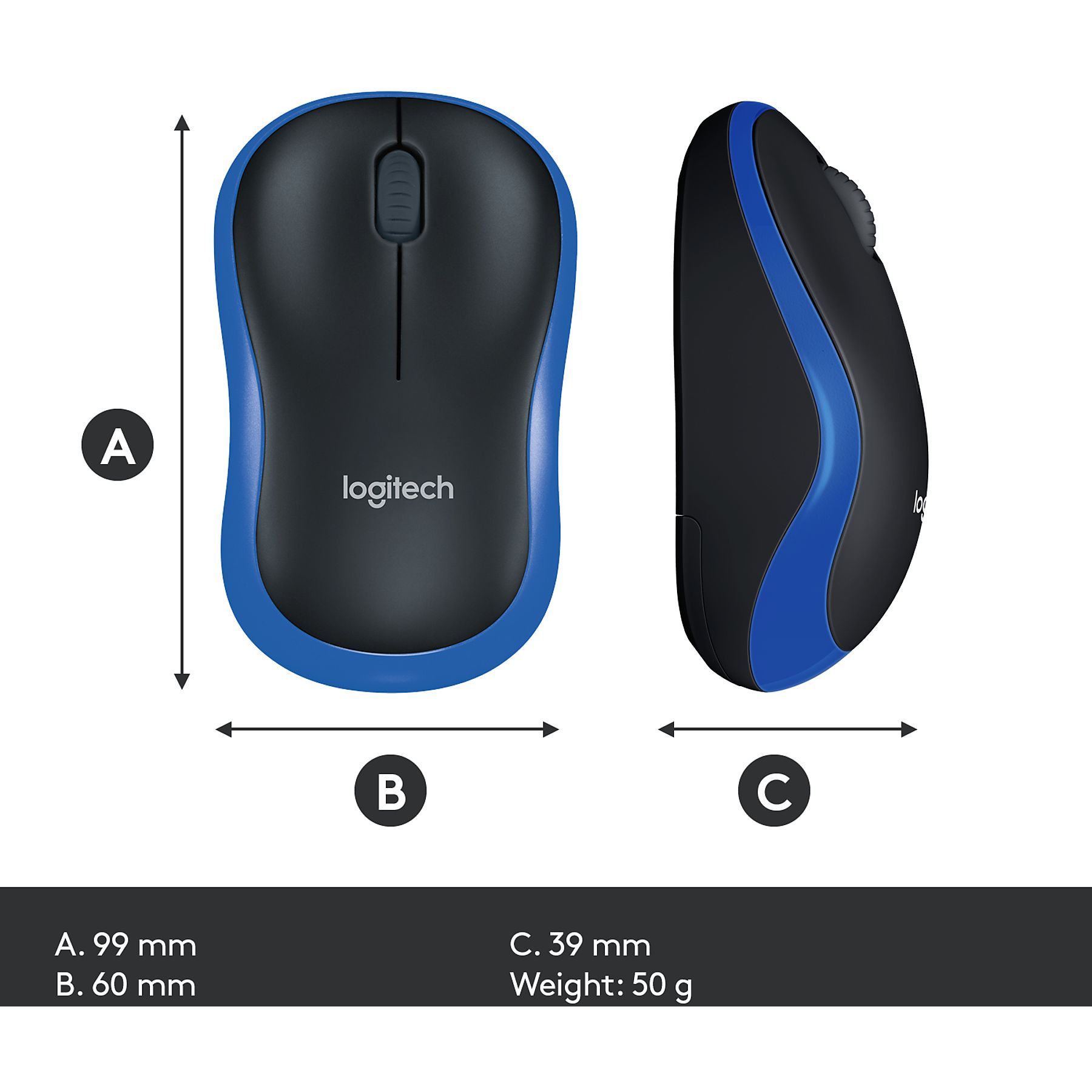 Mouse wireless Logitech blu e nero, con dimensioni e dettagli del peso. Sono fornite due viste.