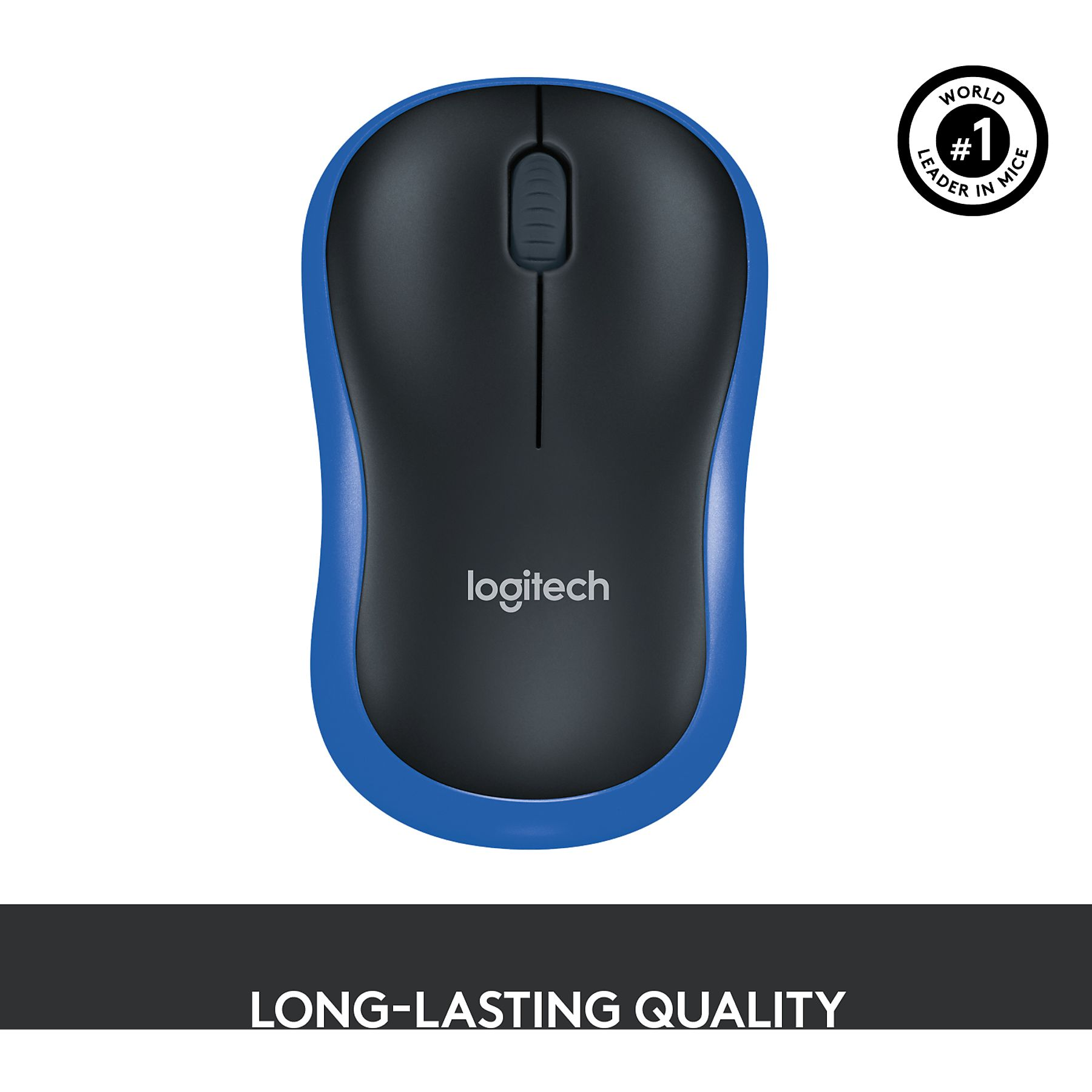 Mouse Logitech blu e nero. Ha una rotella di scorrimento e il marchio è visibile. Sfondo bianco.