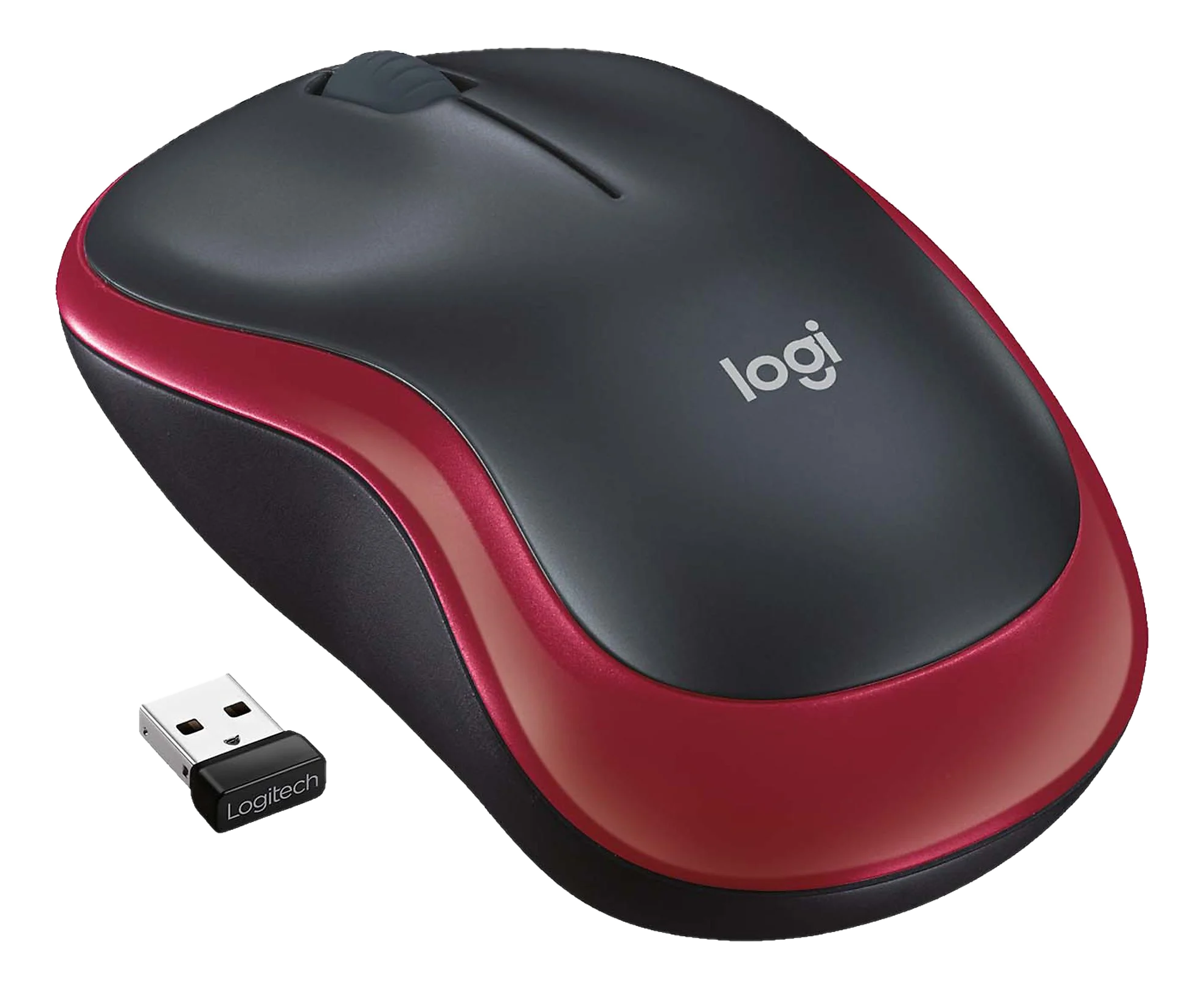 Un mouse wireless Logitech nero e rosso con ricevitore USB su sfondo nero.