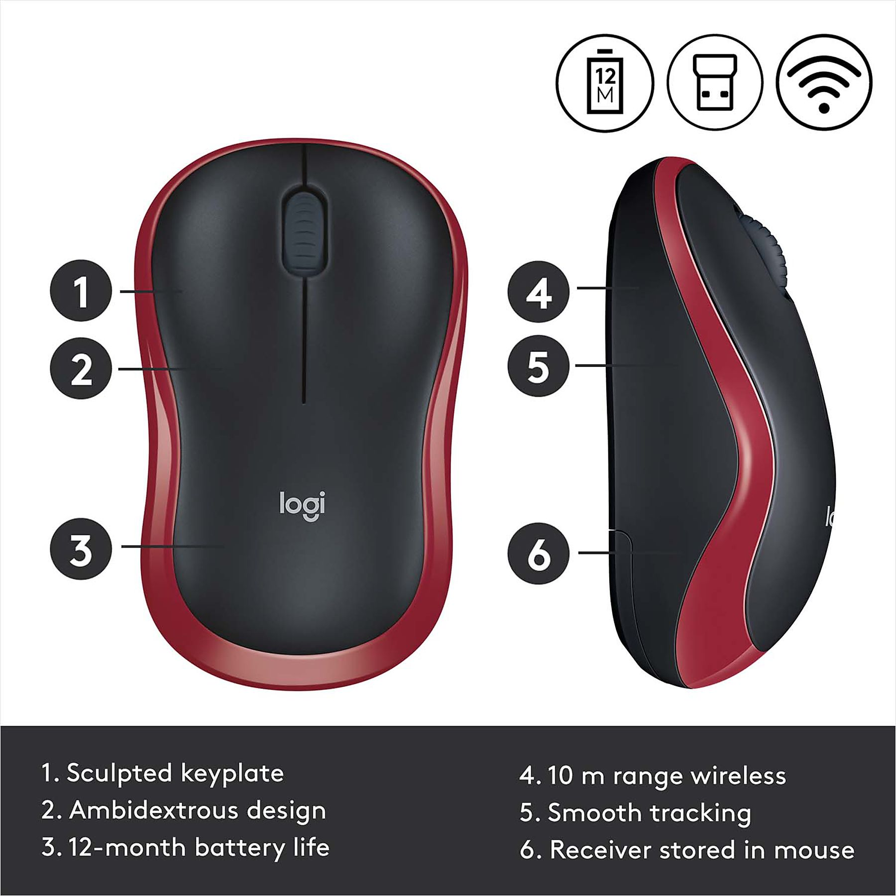 Un mouse wireless Logitech nero e rosso. Caratteristiche: tastiera scolpita, design ambidestro e 12 mesi di durata della batteria.
