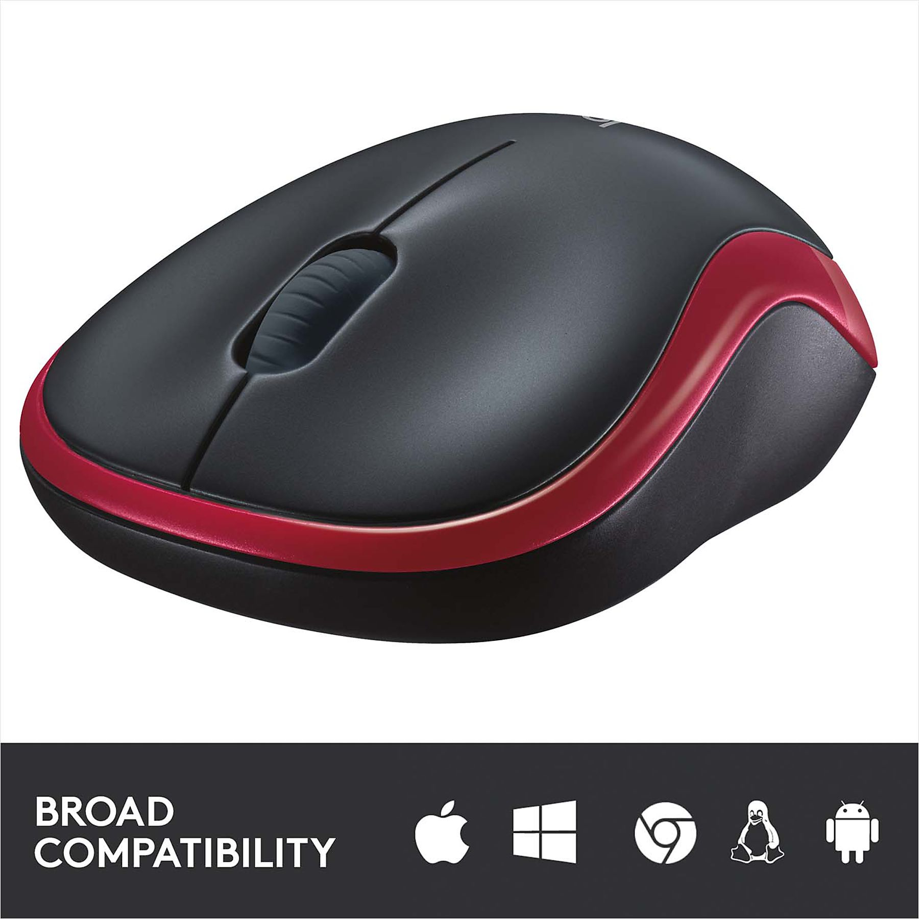 Mouse nero con rifiniture rosse. Ha una rotella di scorrimento e loghi di compatibilità Apple, Windows, Chrome, Linux e Android.