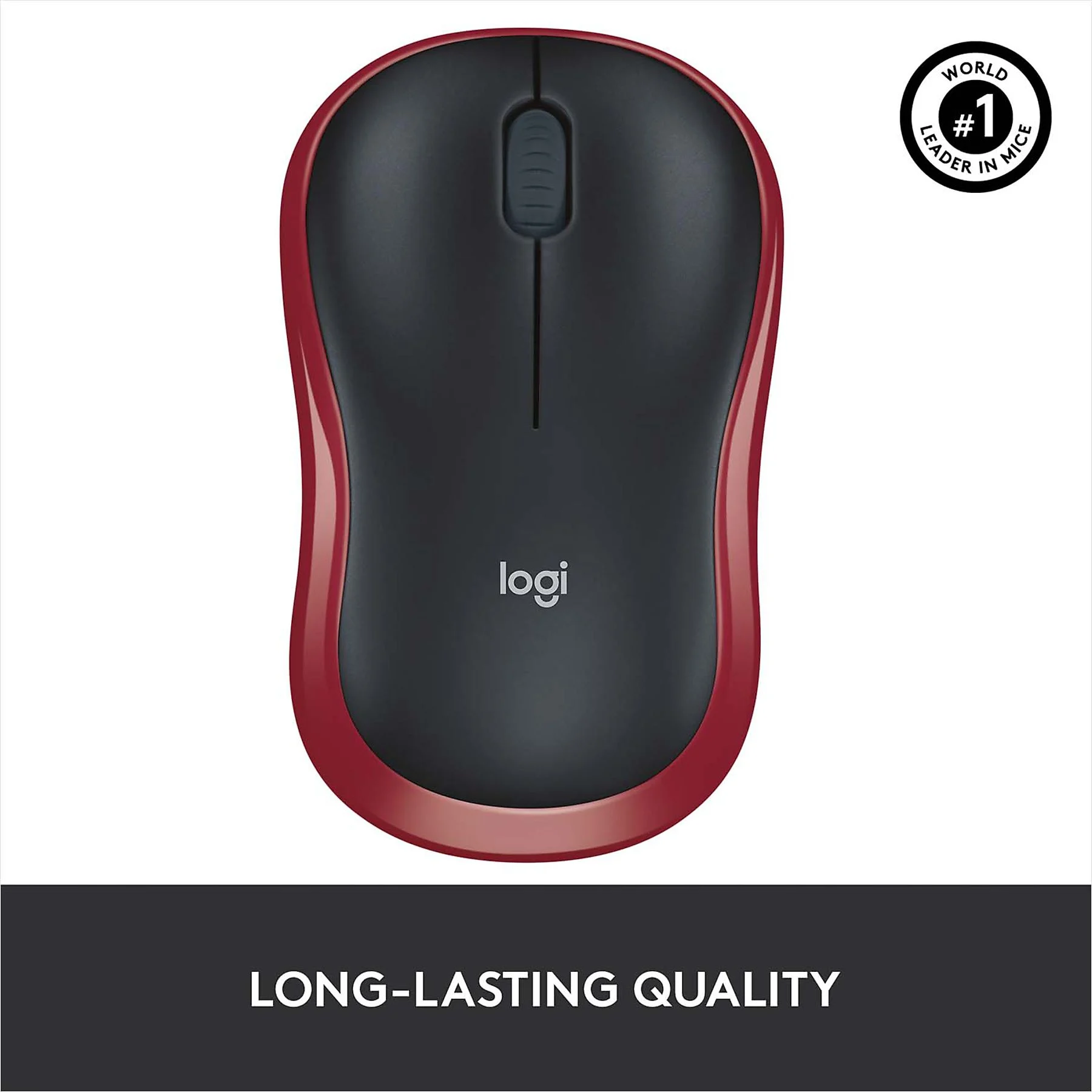 Un mouse Logitech rosso e nero. Il mouse ha una rotella di scorrimento e il logo Logitech. Lo sfondo è bianco.