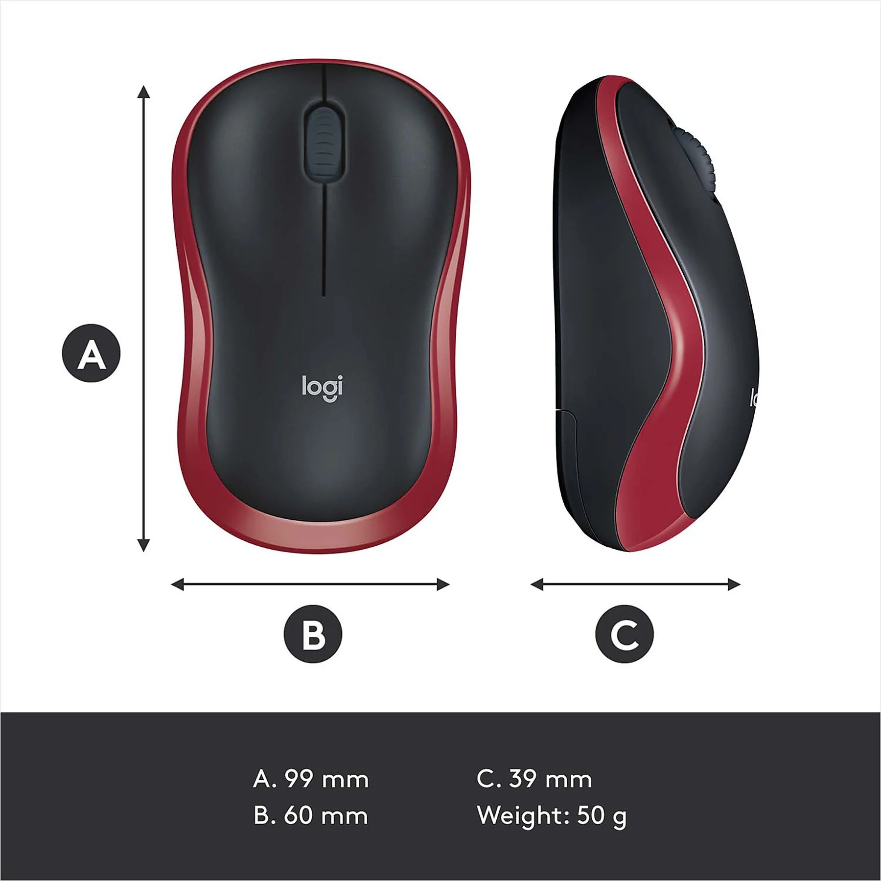 Un mouse Logitech nero e rosso. È mostrato dall'alto e di lato. Le dimensioni sono indicate: A 99 mm, B 60 mm, C 39 mm.